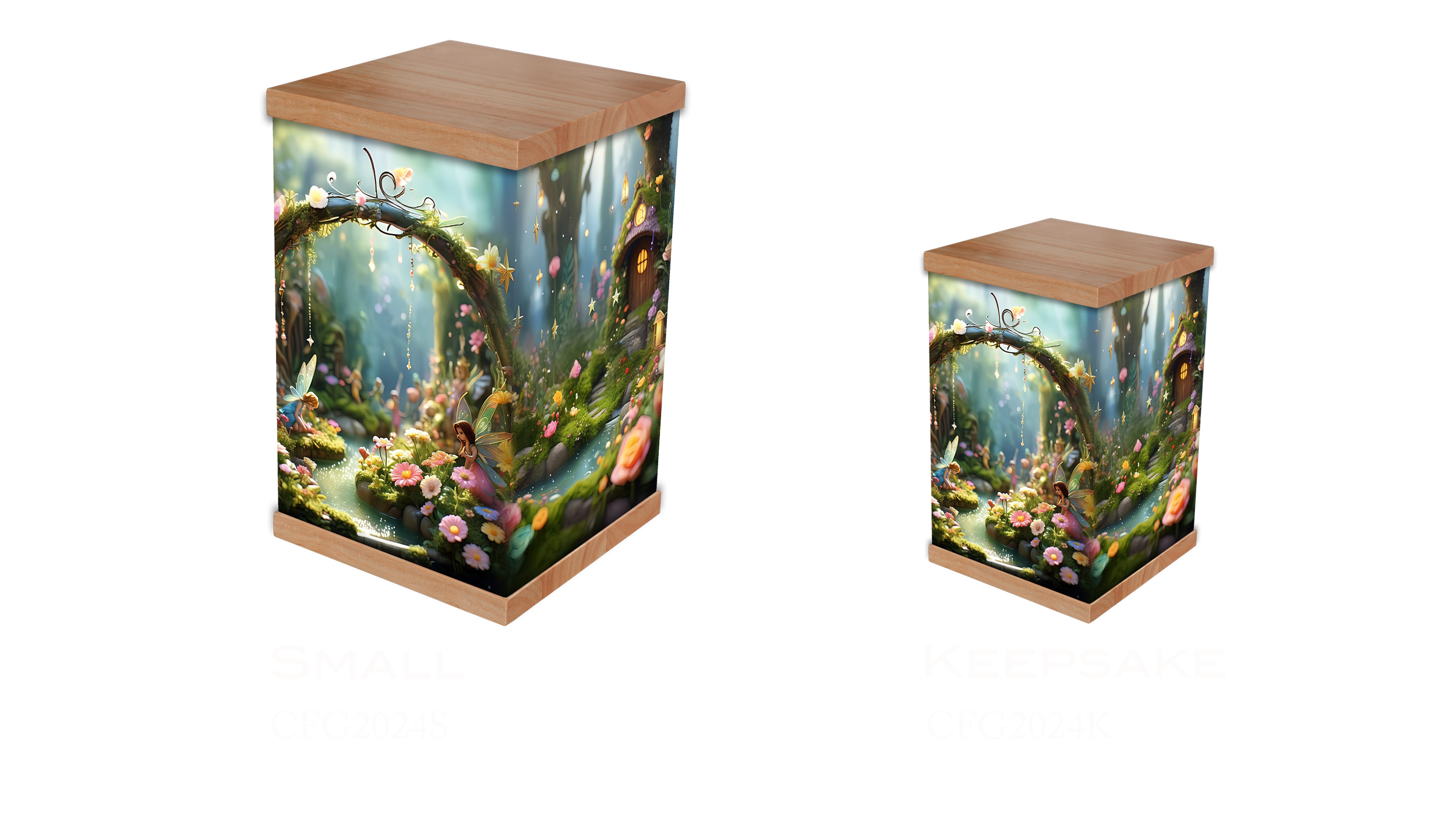 Honor the memory of a cherished child with a Fairy Garden cremation urn, featuring a whimsical forest scene filled with fairies, flowers, and soft glowing lights. Wrapped in magical imagery and finished with a natural timber lid and base, this urn of