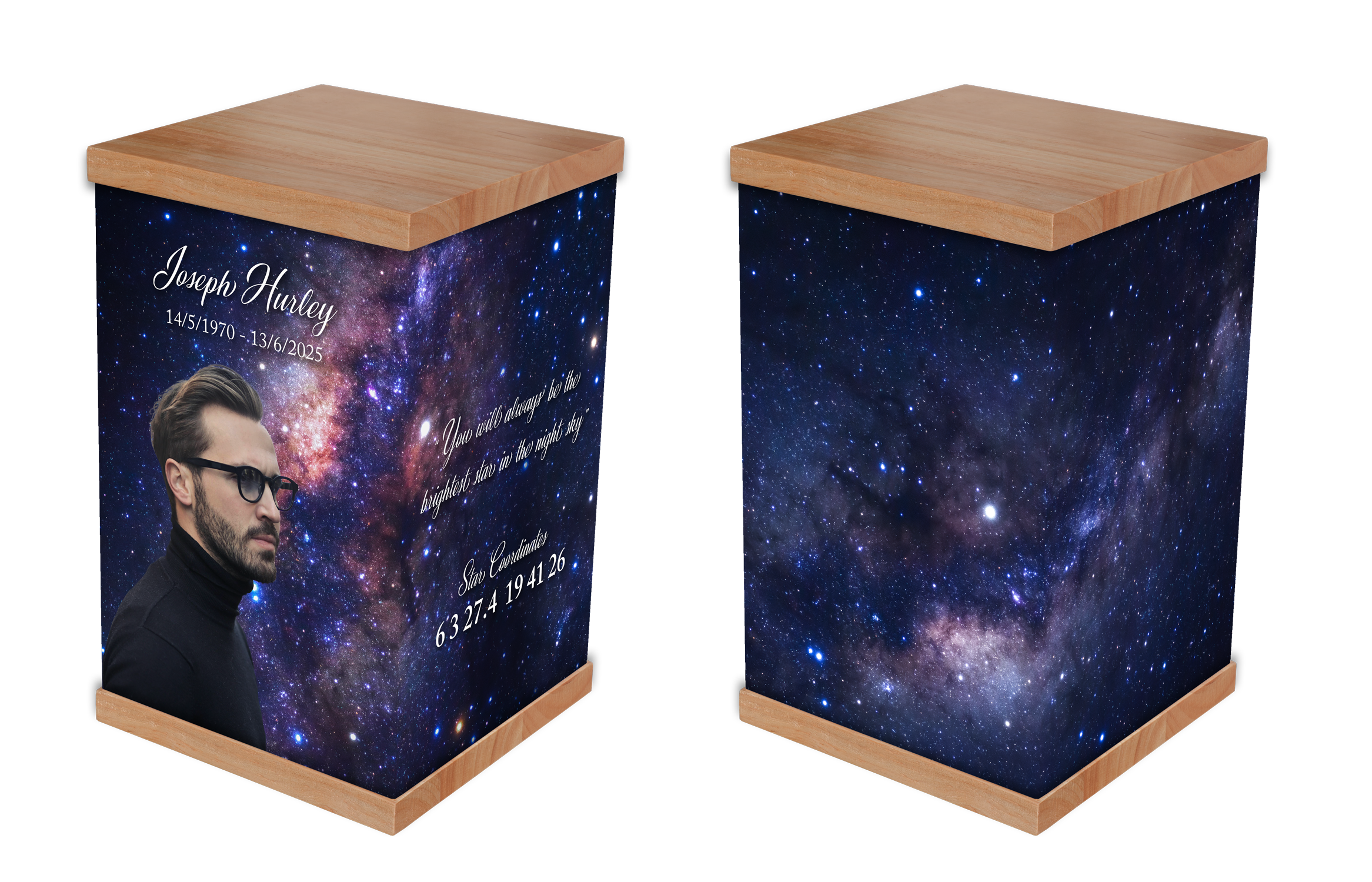 Create a bespoke Memorial Star Urn with photo personalisation. Feature custom names, dates, and engraved star coordinates. A one-of-a-kind keepsake for your loved one.