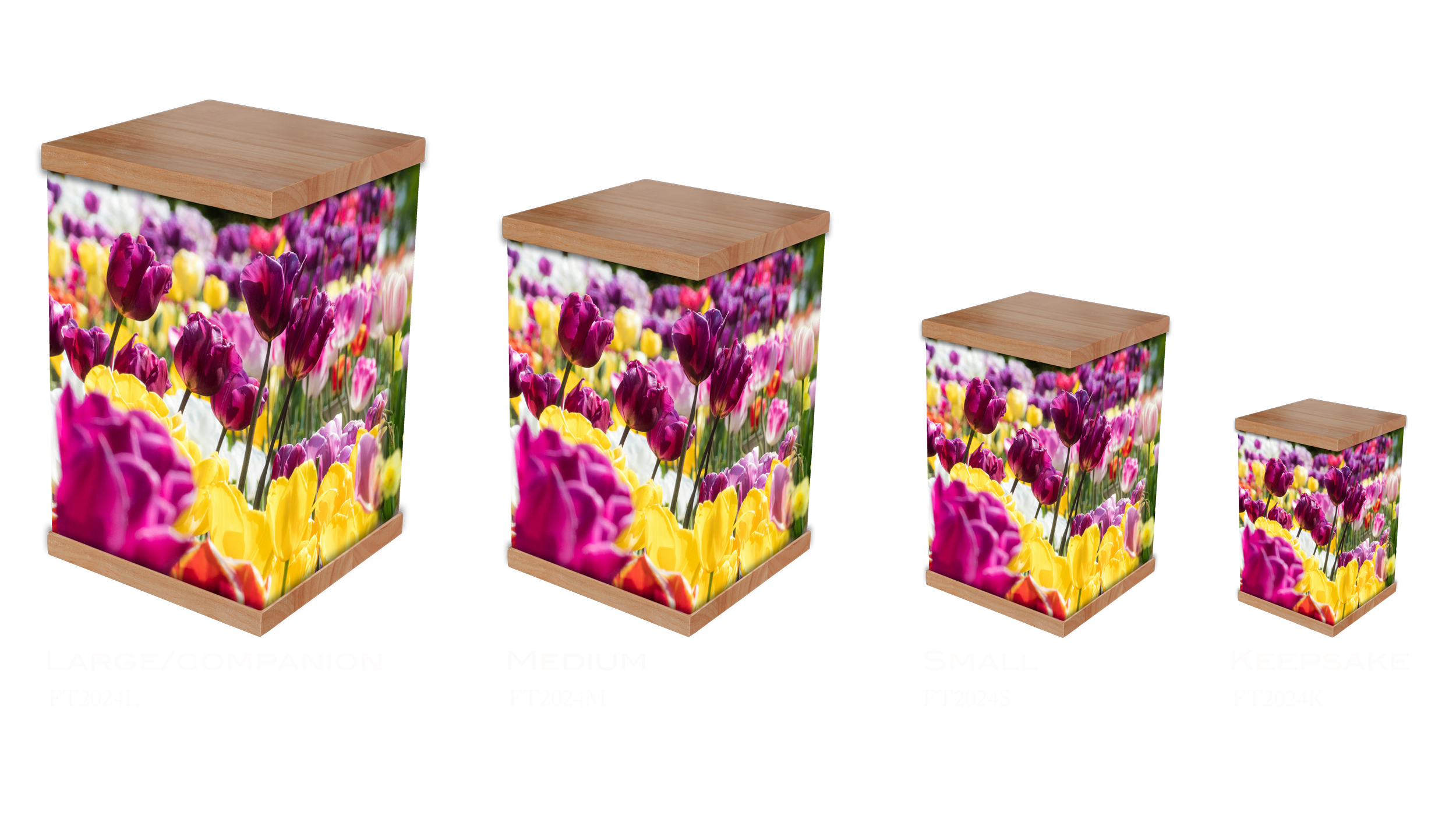 Our Tulip Cremation Urn, featuring a stunning display of vibrant tulips symbolising love, renewal, and remembrance. With a durable timber lid and base, this urn blends natural warmth with floral elegance. Inspired by the rich history of tulips, it of