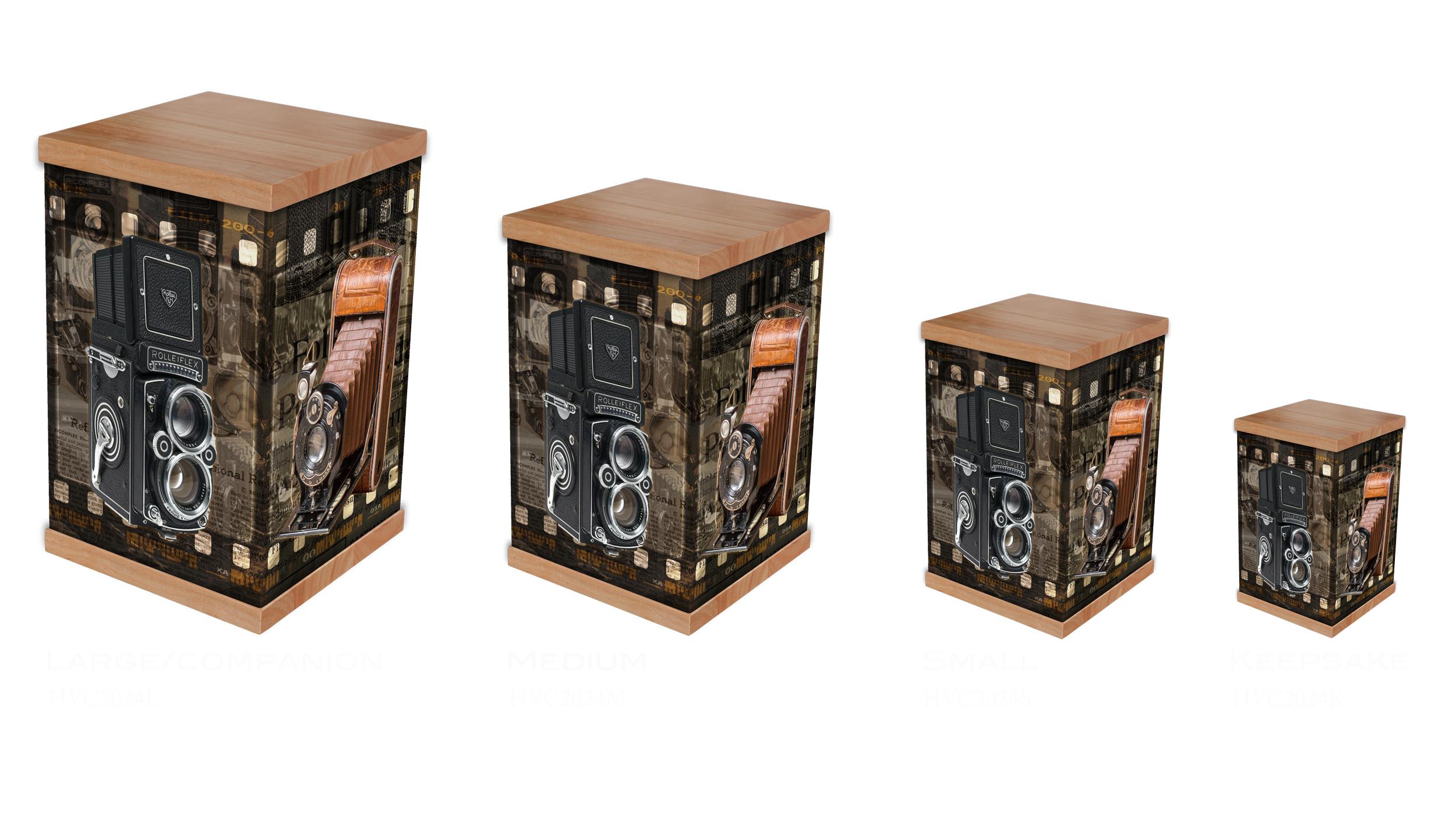A vintage camera cremation urn designed for photography lovers and vintage enthusiasts. Featuring classic film cameras, street scenes, and an old camera shop backdrop, this urn captures timeless charm. Complete with a timber lid and base, it blends n