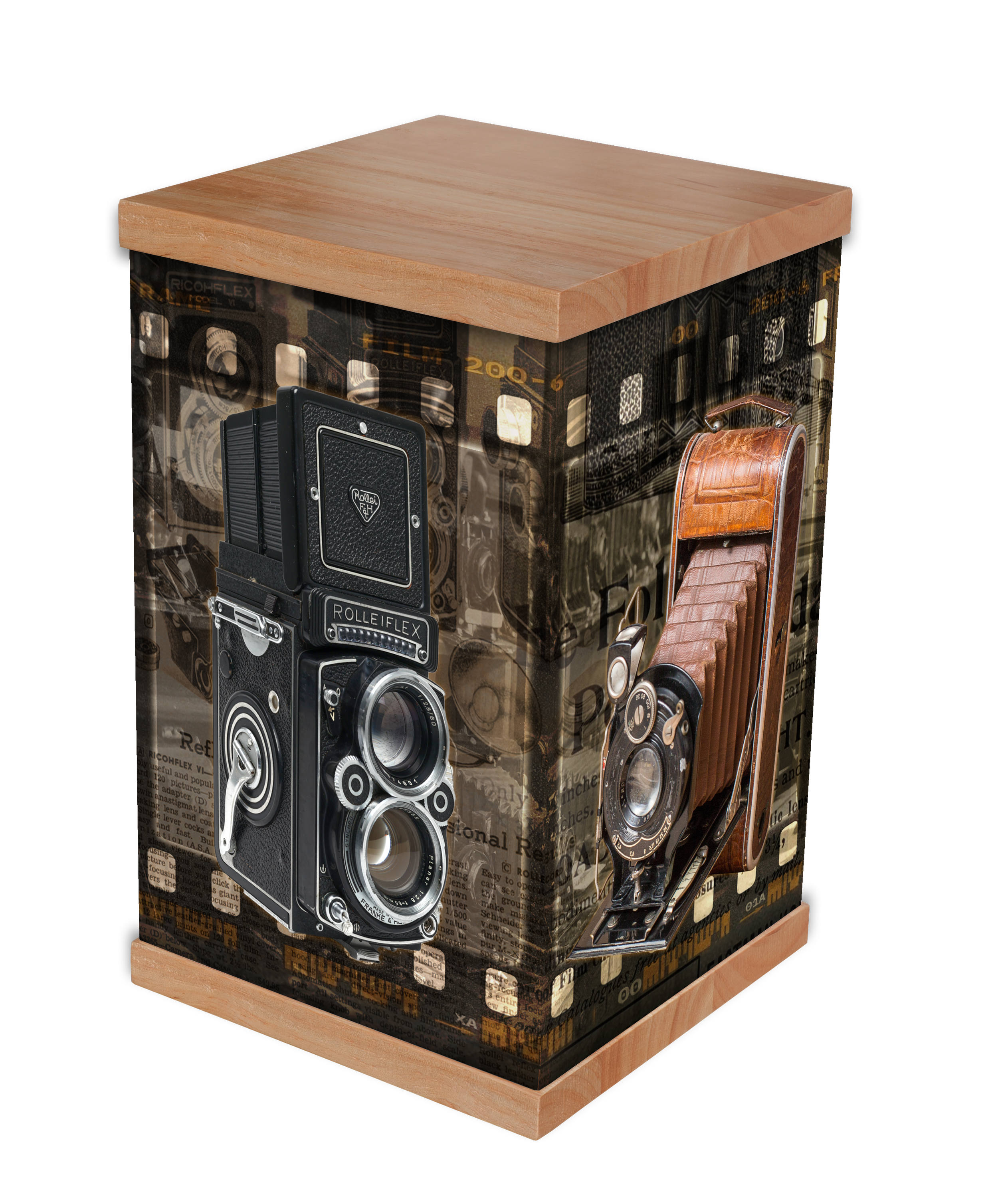 A vintage camera cremation urn designed for photography lovers and vintage enthusiasts. Featuring classic film cameras, street scenes, and an old camera shop backdrop, this urn captures timeless charm. Complete with a timber lid and base, it blends n