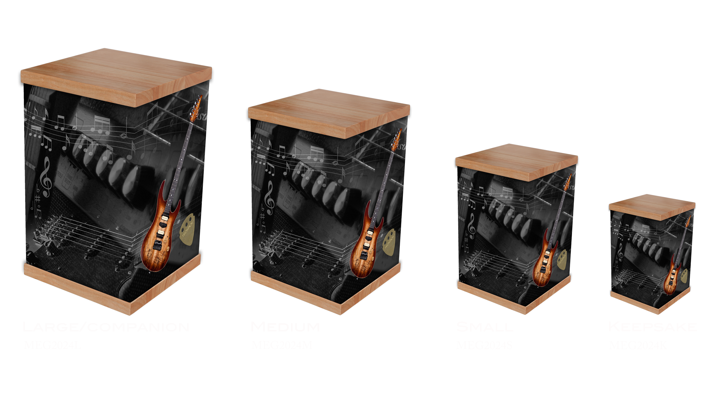 Honor a music lover’s legacy with this electric guitar-themed cremation urn featuring a vintage black and white design and timber guitar artwork. With a classic timber lid and base, this urn captures the spirit of rock and roll and pays tribute to a 