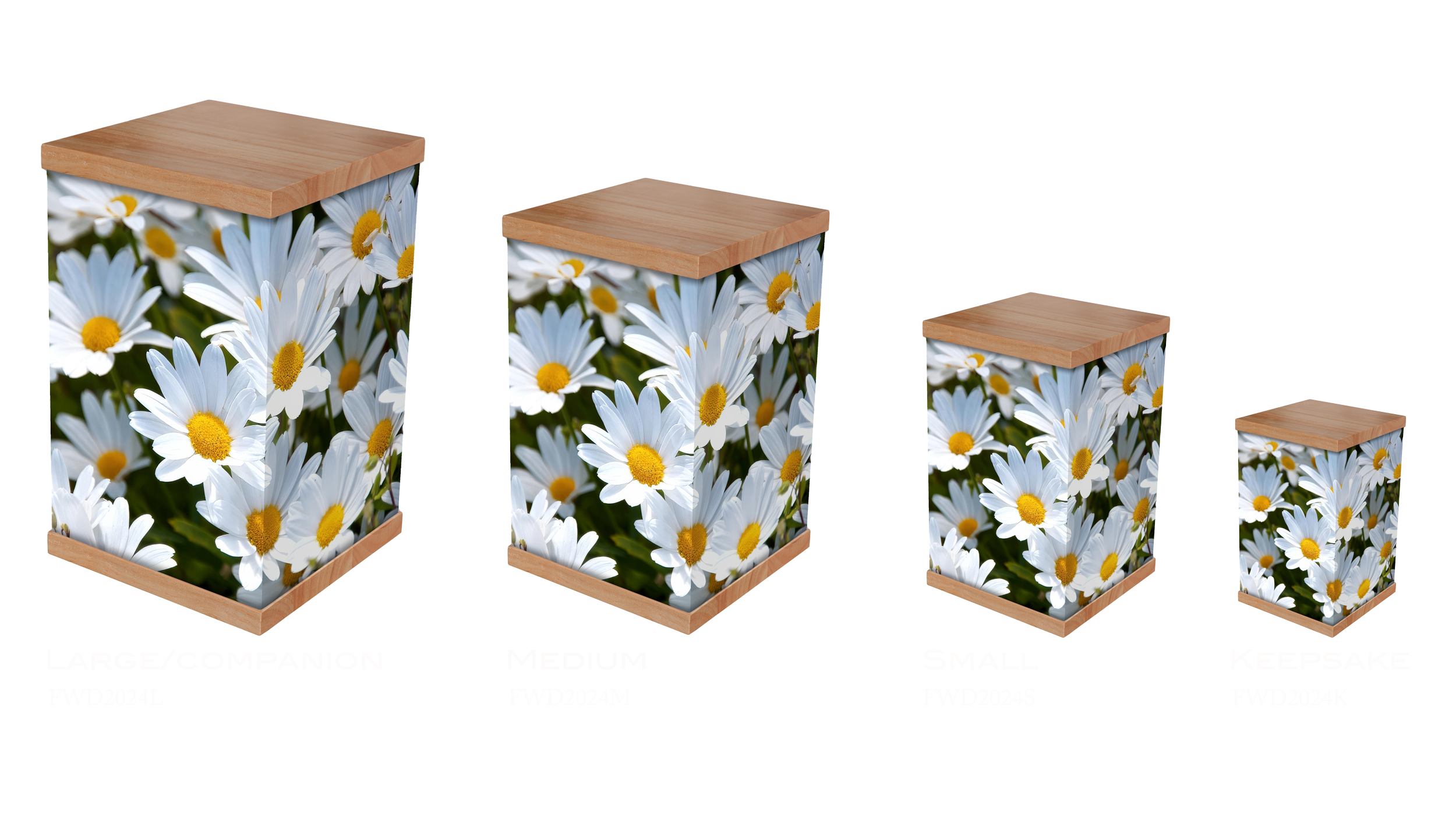 Our White Daisies cremation urn beautifully symbolises purity, innocence, and new beginnings. Featuring an elegant design of delicate white daisies, this urn offers a serene tribute to honor your loved one. Crafted from high-quality materials, making