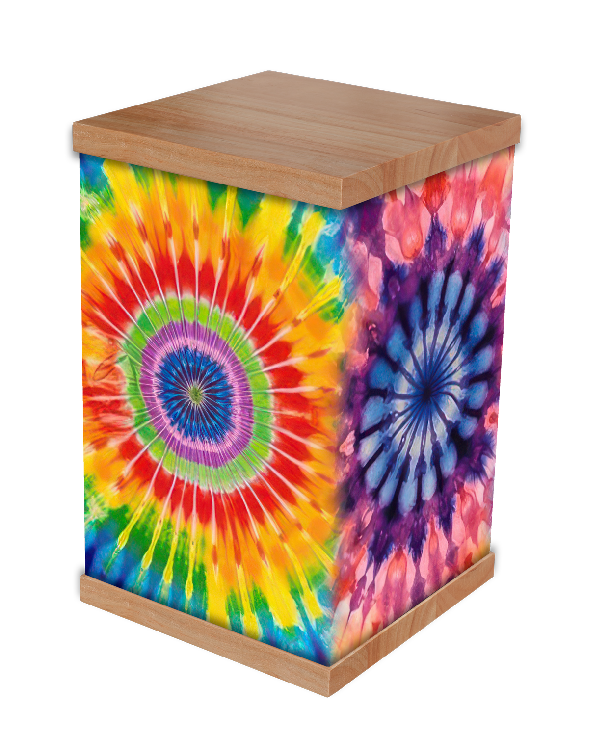 Honor a vibrant life with a Colourful Tie-Dye Cremation Urn, featuring a bold, radiant design that celebrates joy and individuality. Wrapped in high-quality, long-lasting materials with a handcrafted timber lid and base, this urn is both a beautiful