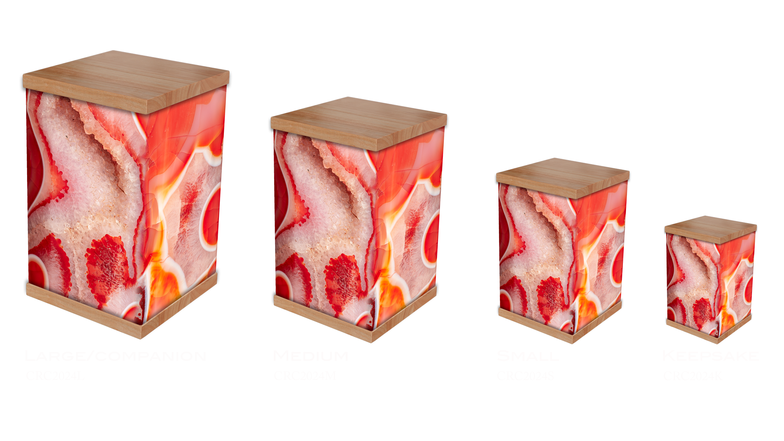 The Carnelian Crystal Stone Photo-Wrapped Cremation Urn features a rich, fiery carnelian-inspired design with a natural timber lid and base. Symbolising strength, passion, and protection, carnelian has been revered for centuries for its energising an