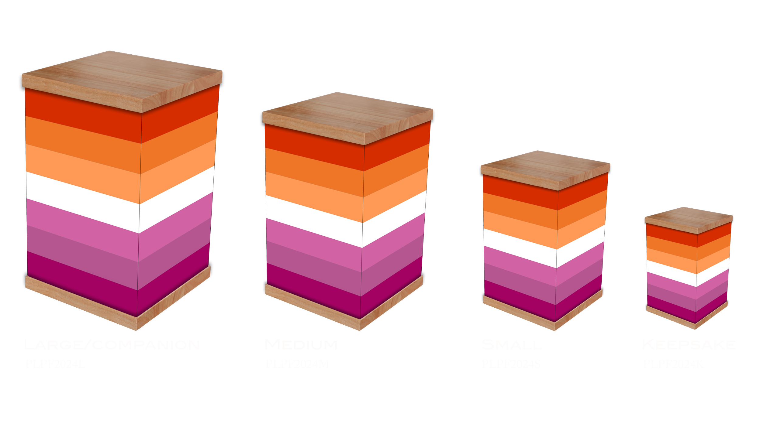 Honor a loved one with this elegant Lesbian Pride Flag cremation urn, featuring a vibrant design symbolising gender nonconformity, independence, community, and femininity. Crafted with a natural timber lid and base, this urn is a meaningful tribute t