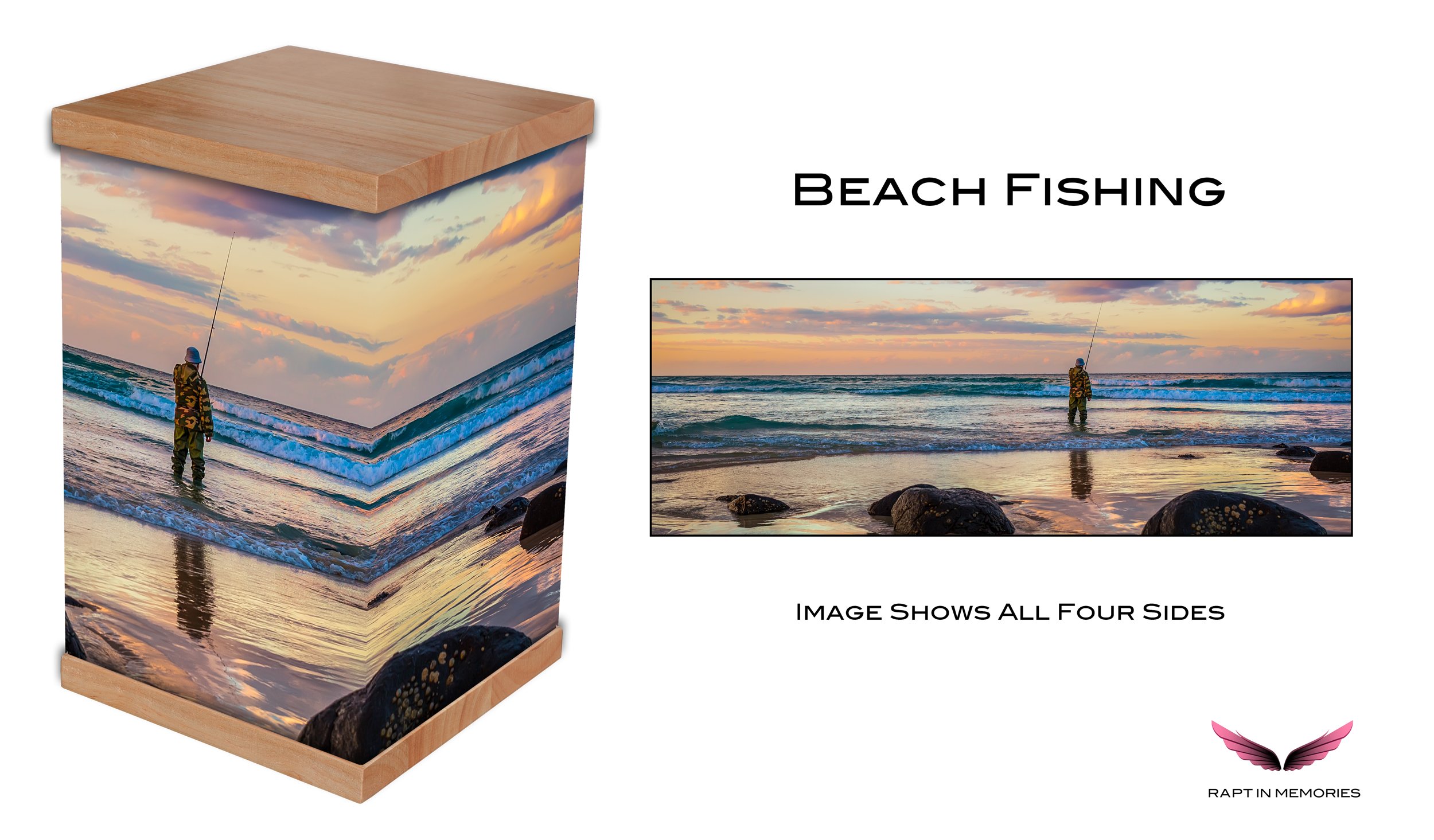 Our Beach Fishing cremation urn captures the essence of coastal life with a stunning design featuring vibrant sunset colours reflecting over serene waters. This urn symbolises cherished memories of fishing adventures and the beauty of nature, offeri