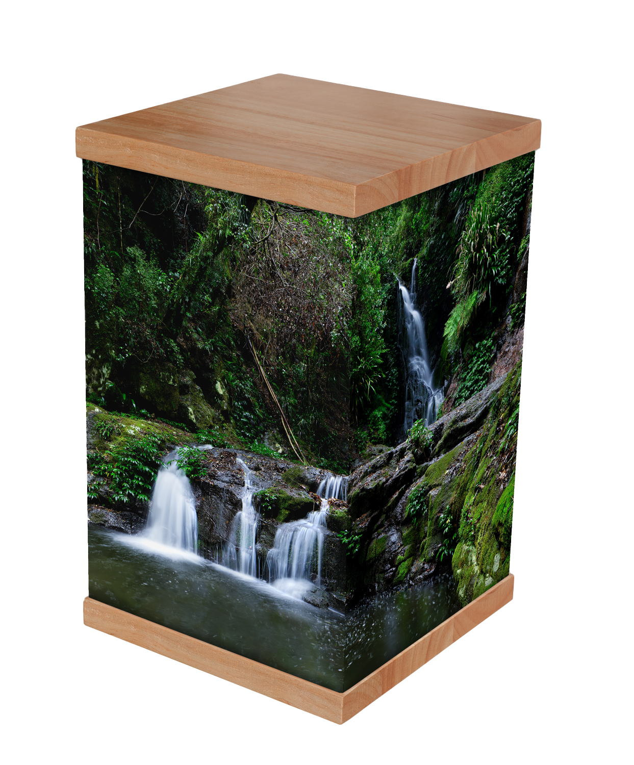 Photo-wrapped cremation urn in Rainforest design with solid timber lid and base — Rapt In Memories Australia