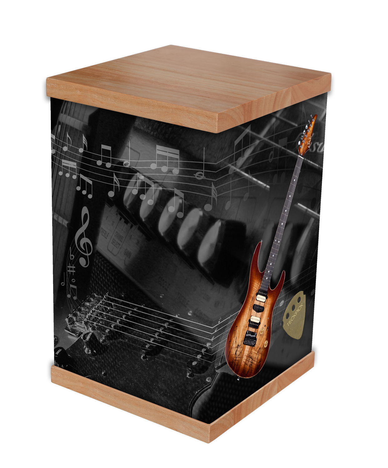 Photo-wrapped cremation urn in Music design with solid timber lid and base — Rapt In Memories Australia