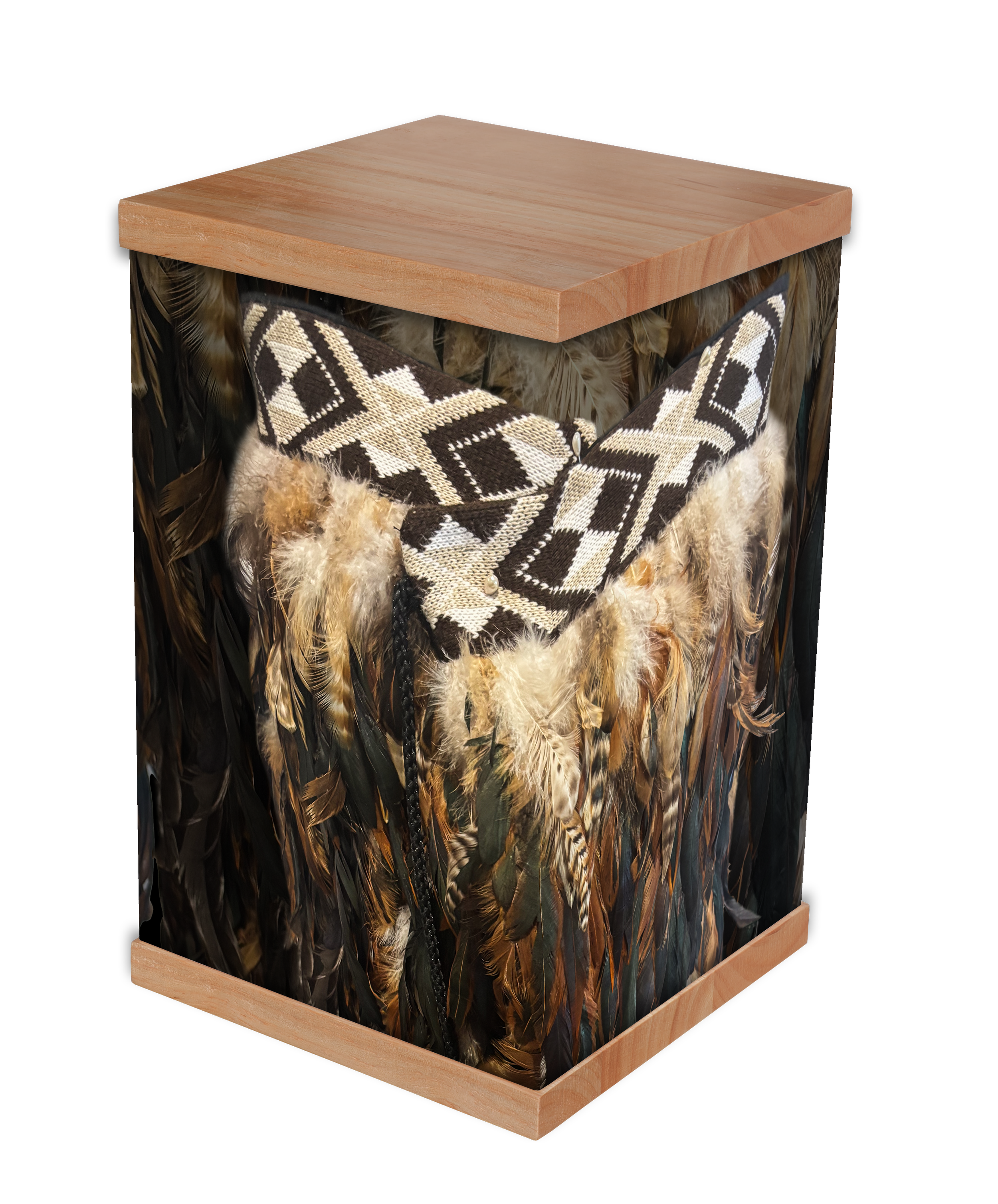Photo-wrapped cremation urn in Cultural design with solid timber lid and base — Rapt In Memories Australia