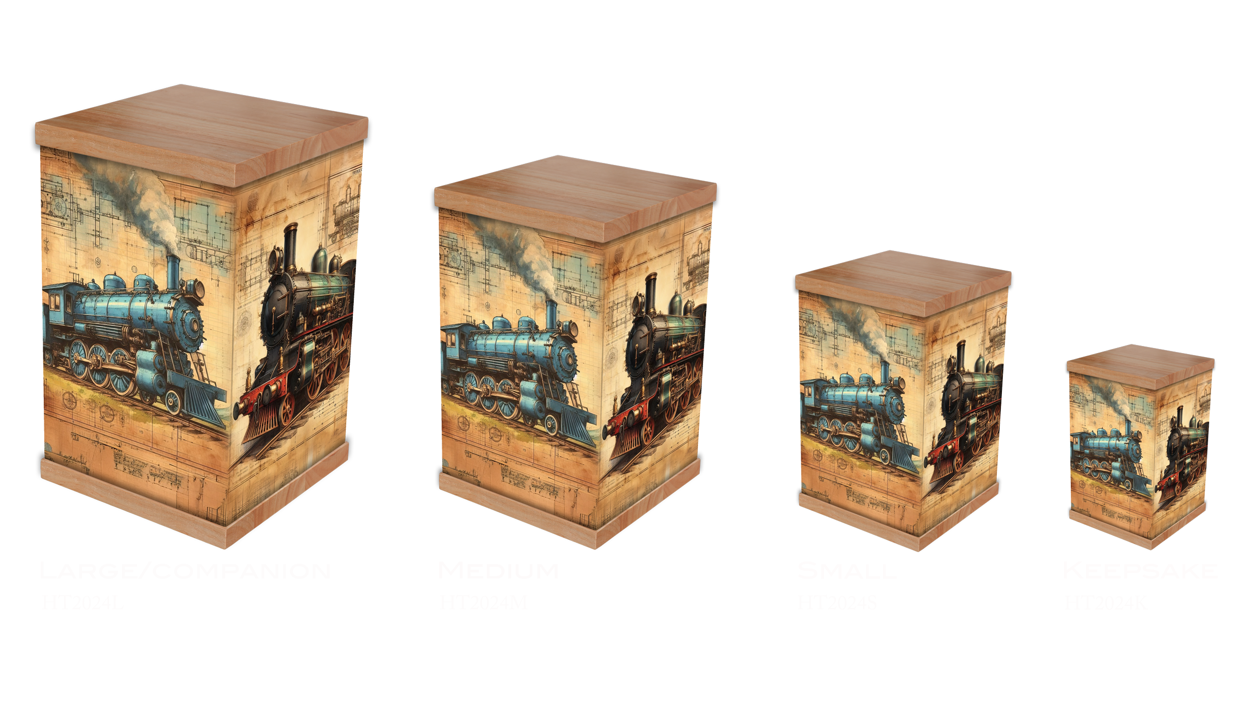 Honor a train lover’s legacy with this beautifully designed trains cremation urn. Featuring vivid vintage locomotive artwork and a warm timber lid and base, it’s a unique and meaningful tribute. Ideal for those passionate about railroads, this urn bl