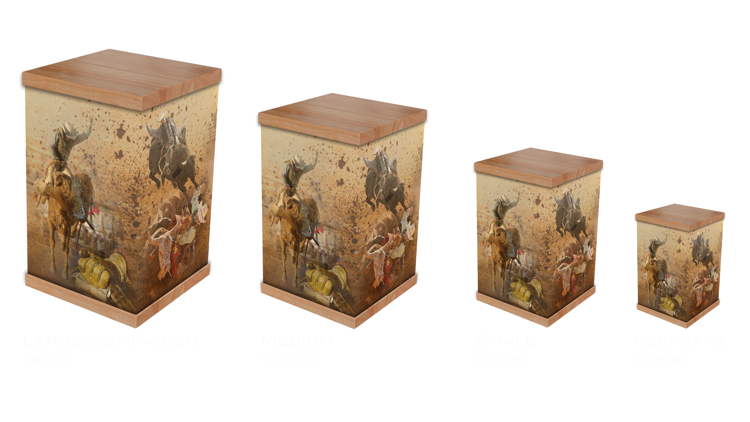 Our Rodeo cremation urn pays tribute to the spirit of the rodeo, featuring dynamic designs of a bucking bull, bucking bronco, and cowboys and cowgirls in action. This urn captures the thrill and passion of rodeo life, making it a meaningful way to ho
