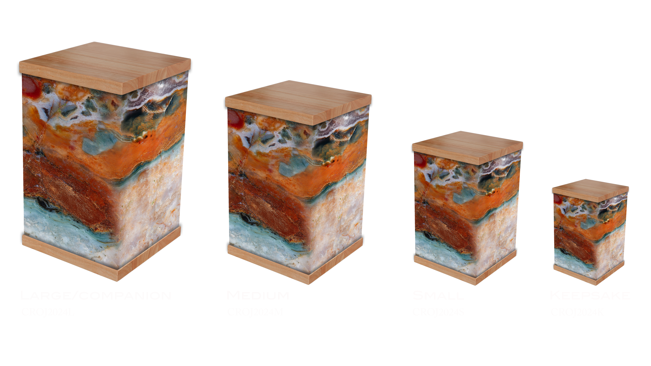 The Ocean Jasper Crystal Stone Photo-Wrapped Cremation Urn features a stunning design inspired by Ocean Jasper’s unique swirls and earthy tones, complemented by a natural timber lid and base. Symbolising tranquility, renewal, and emotional balance, O