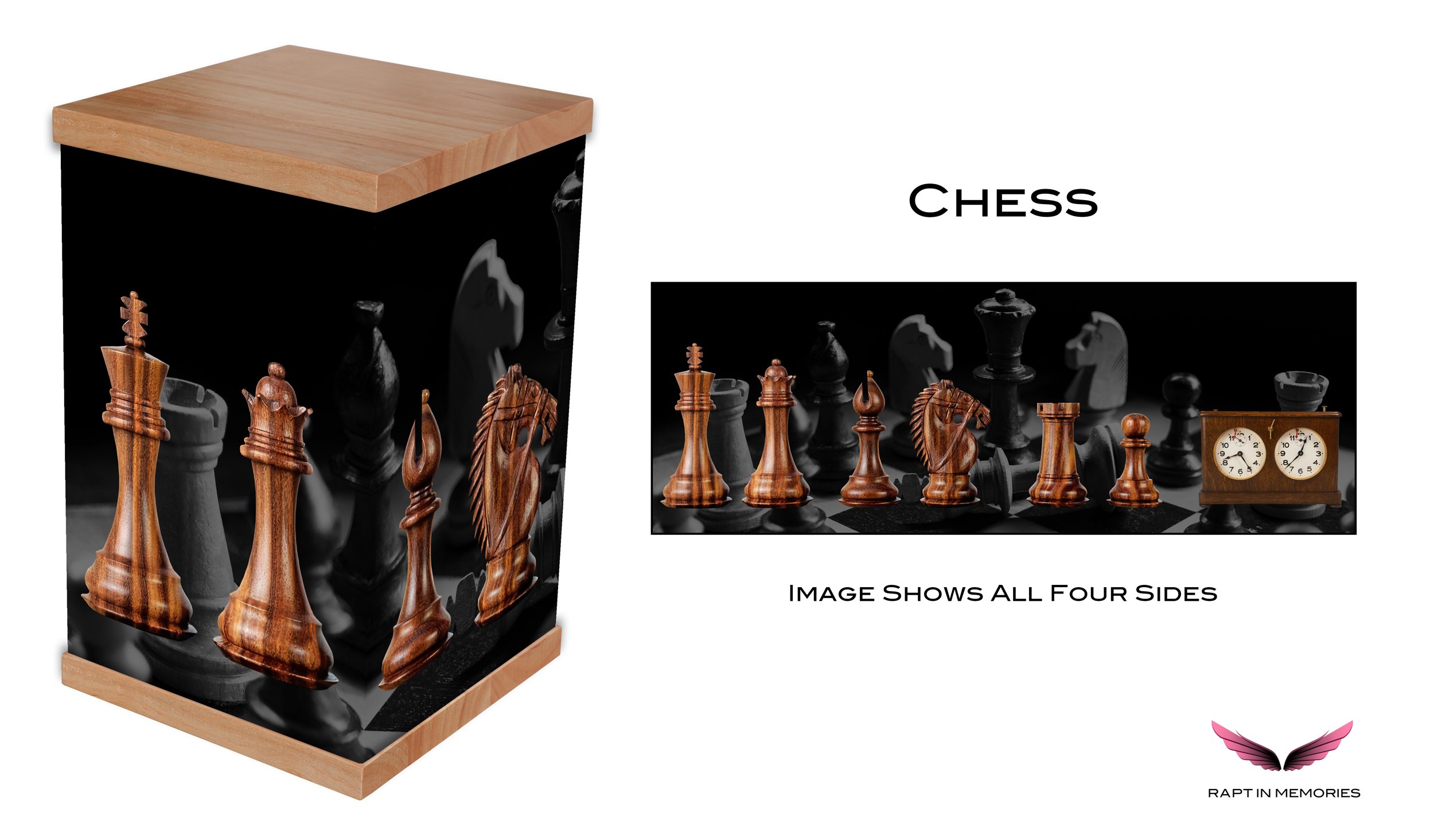 Chess Cremation Urn Honor a chess enthusiast's legacy with our chess-themed cremation urn. Featuring a stunning photo wrap of a classic chessboard design and a timber lid and base, this urn combines elegance and durability. Perfect for personalizatio