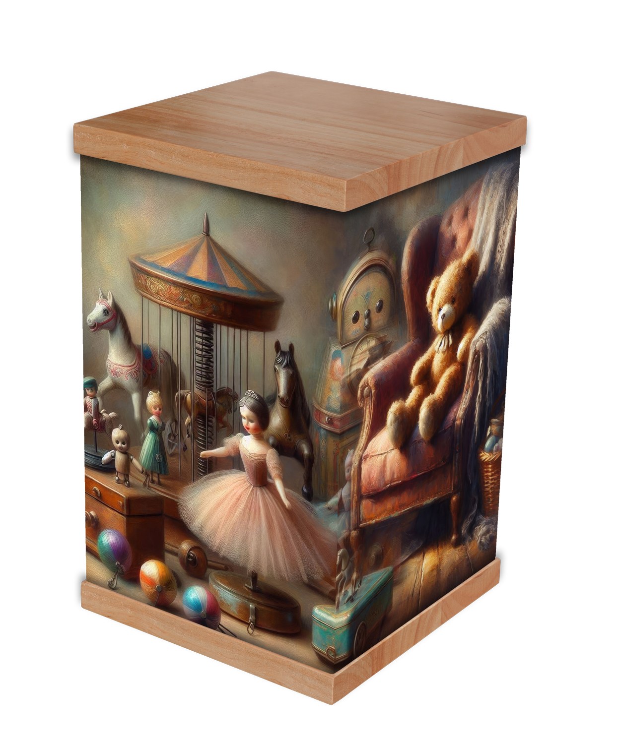 Celebrate a lifetime of memories with the Vintage Toys Version 2 Cremation Urn. Featuring nostalgic images of classic toys and a timeless timber lid and base, this urn offers a beautiful and heartfelt tribute. Perfect for honoring a playful spirit, i