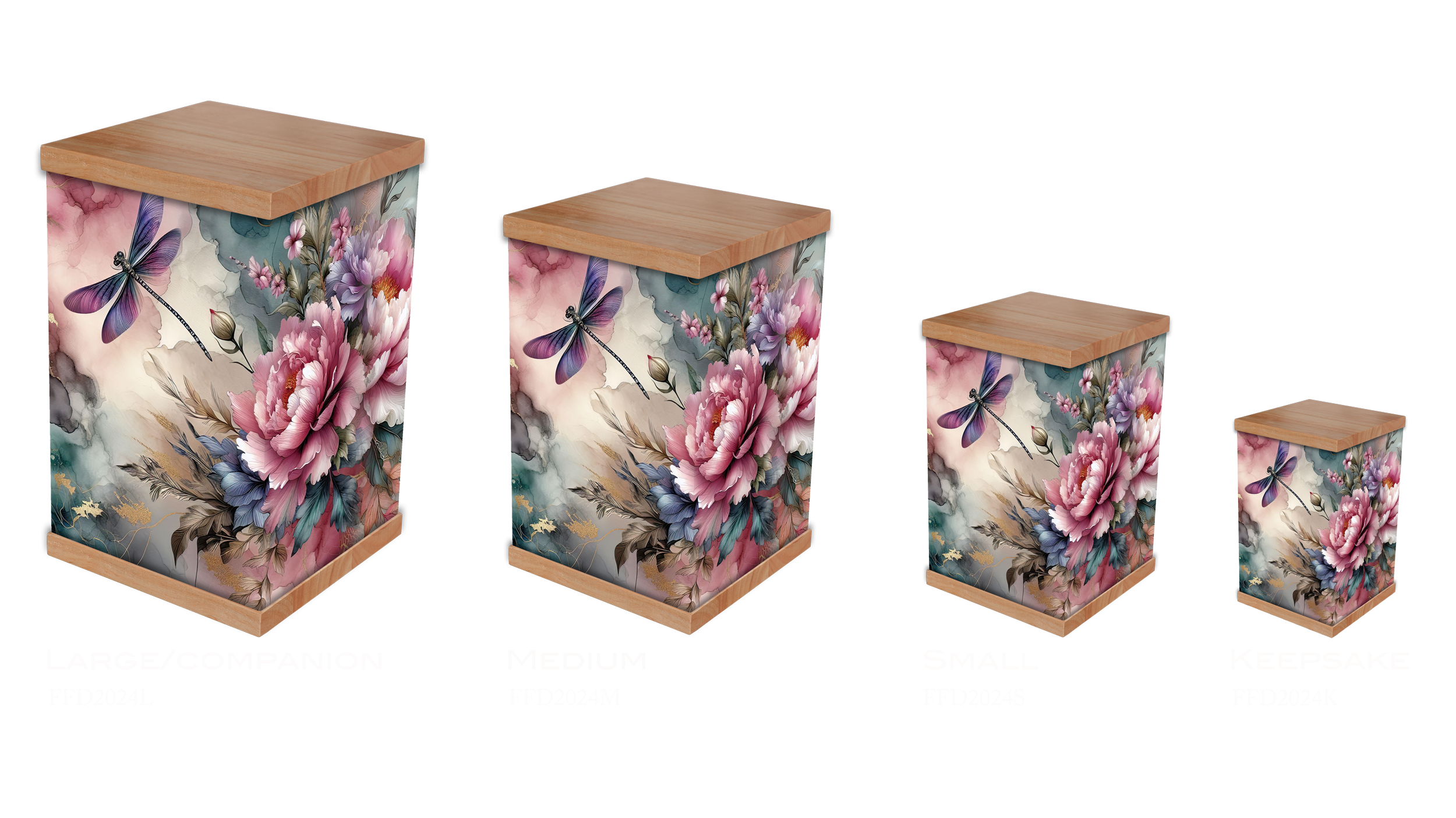 Celebrate a life with our Flowers and Dragonflies cremation urn, featuring an old-fashioned painted design with soft pink flowers and graceful purple dragonflies. This beautifully crafted urn, with a timber lid and base, evokes a timeless, vintage fe
