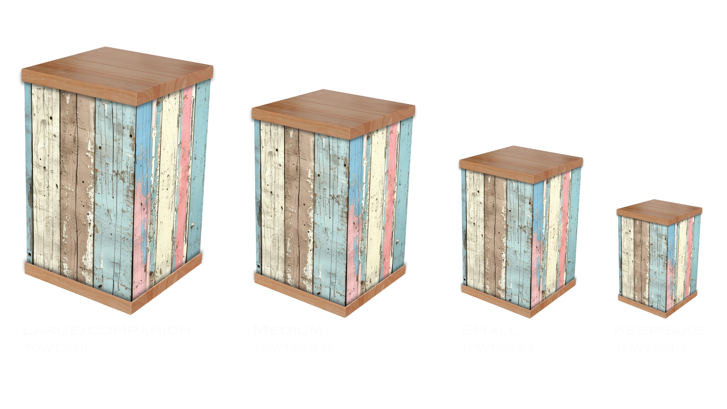 Old Weatherboard Timber Photo-Wrapped Cremation Urn, featuring rustic charm with cream, blue, and pink cracked paint. Inspired by aged timber, this urn evokes nostalgia, warmth, and timeless beauty. Crafted with a durable timber lid and base, it’s a 