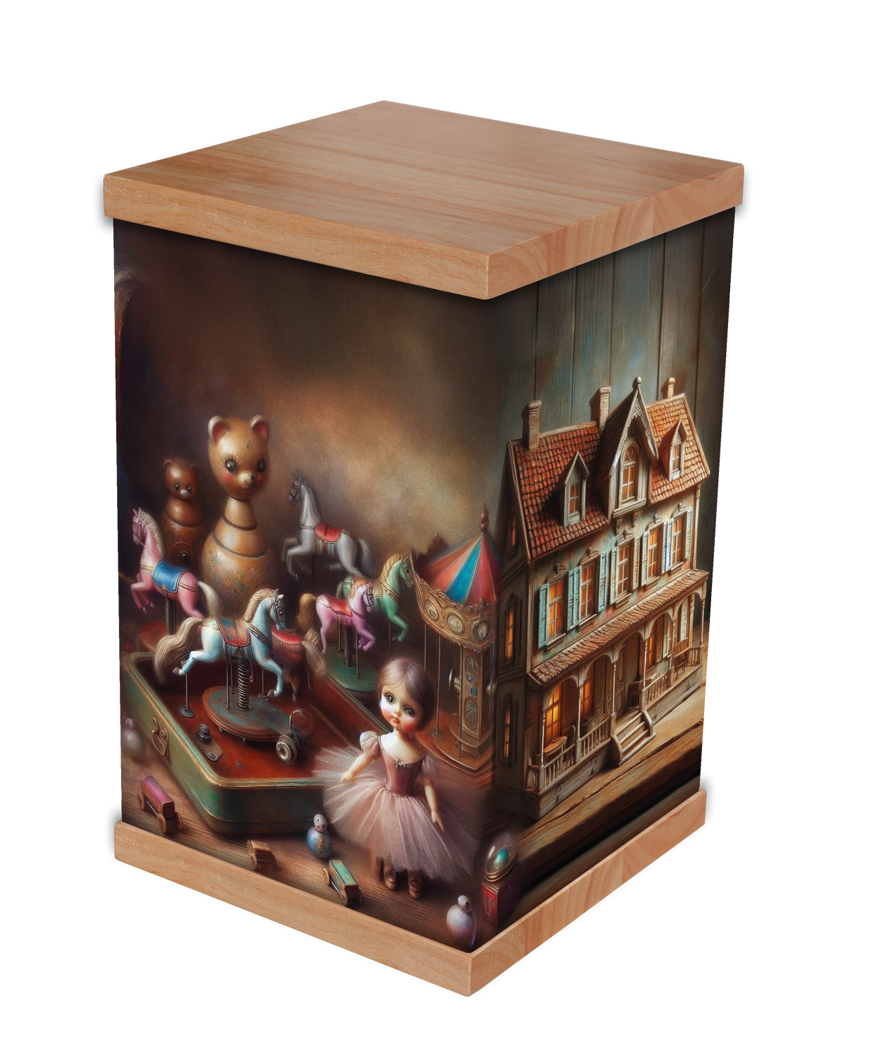 Celebrate a lifetime of memories with the Vintage Toys Version 2 Cremation Urn. Featuring nostalgic images of classic toys and a timeless timber lid and base, this urn offers a beautiful and heartfelt tribute. Perfect for honoring a playful spirit, i