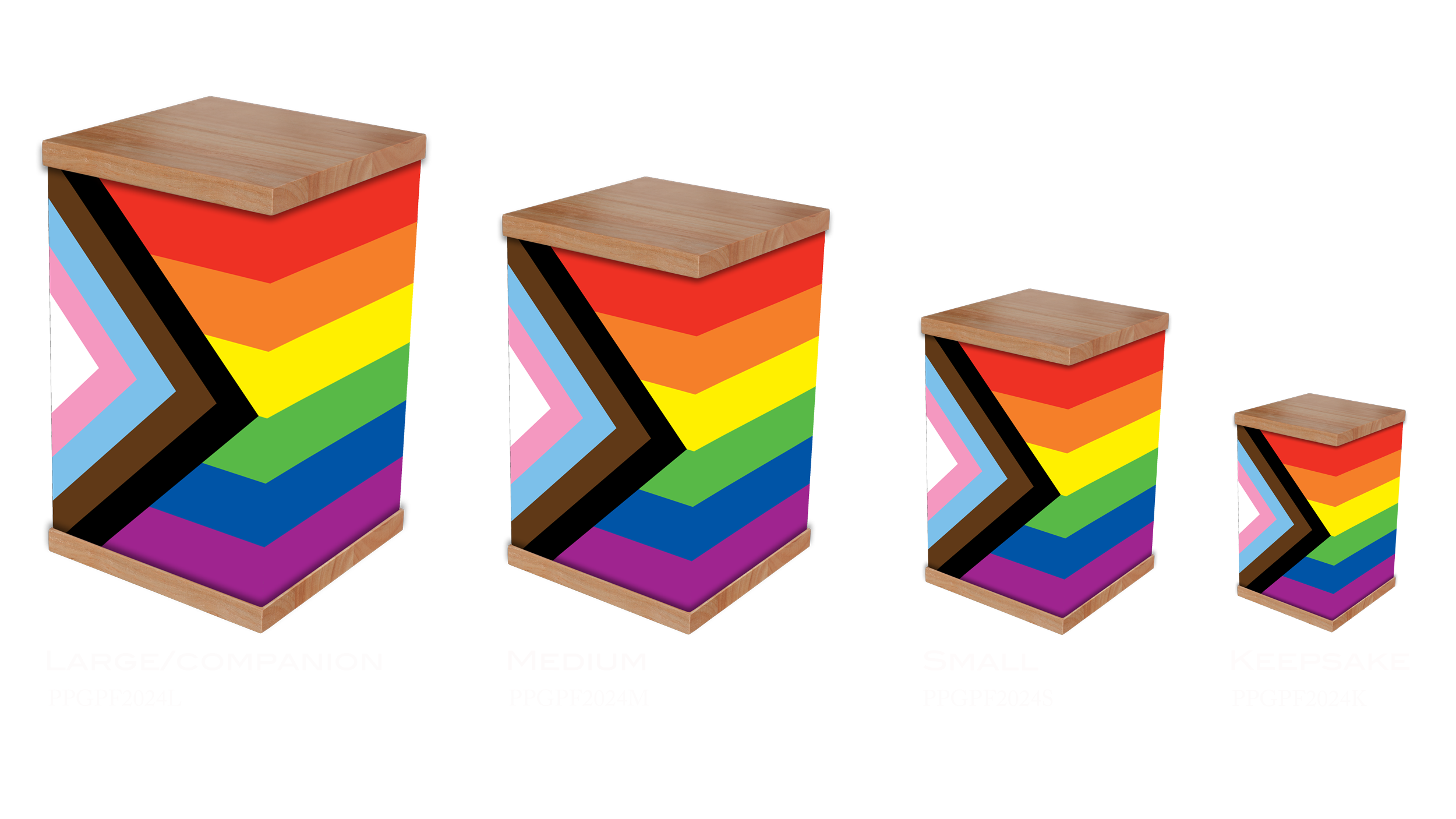 Celebrate love and inclusivity with a Progress Pride Flag cremation urn. Featuring the rainbow stripes alongside colours for the transgender community and LGBTQ+ people of colour, this urn symbolises equality and progress. Designed with vibrant hues 