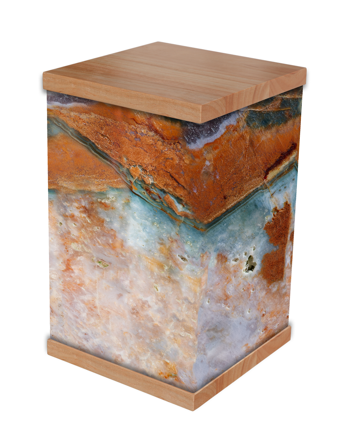 The Ocean Jasper Crystal Stone Photo-Wrapped Cremation Urn features a stunning design inspired by Ocean Jasper’s unique swirls and earthy tones, complemented by a natural timber lid and base. Symbolising tranquility, renewal, and emotional balance, O