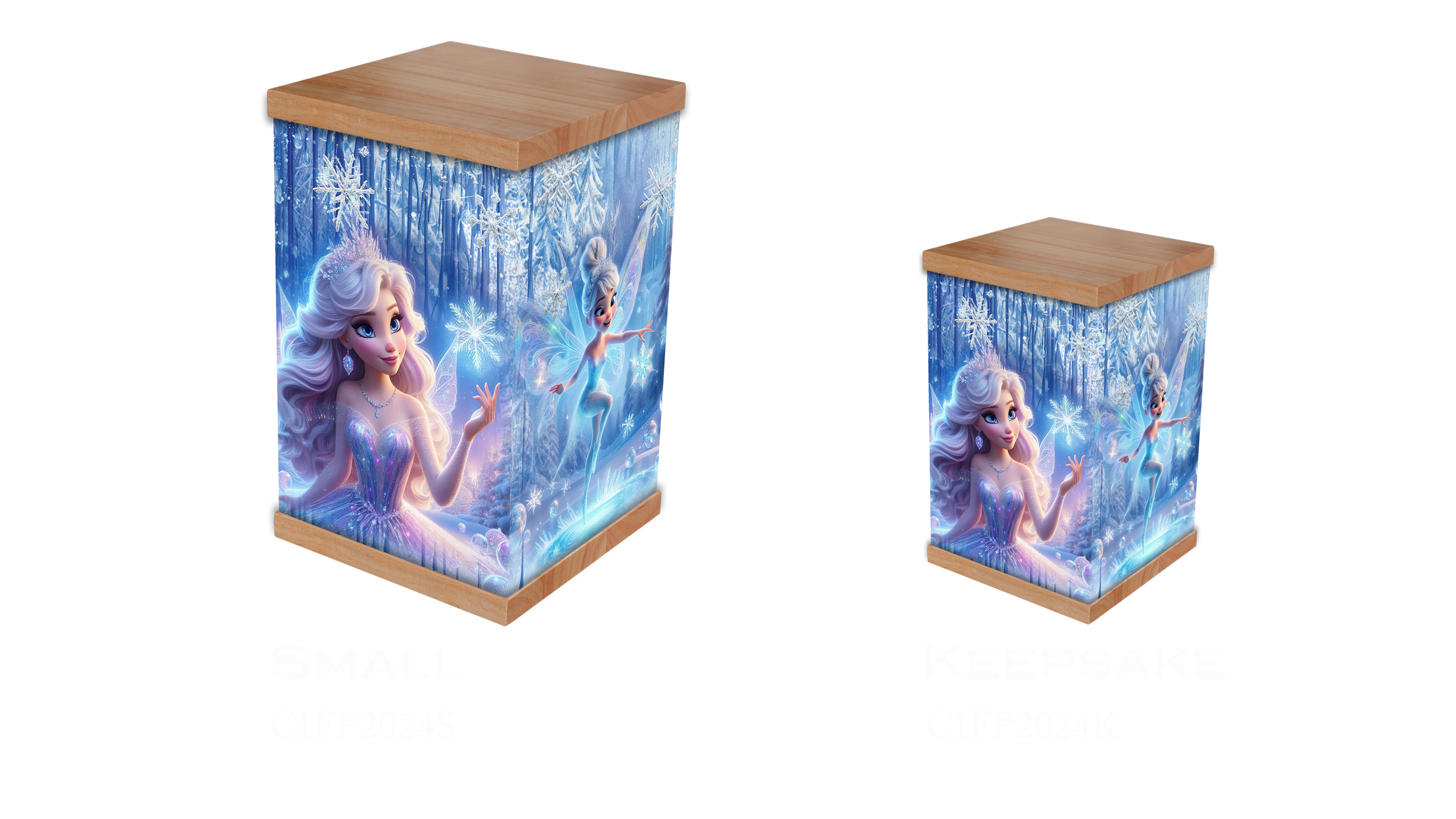 Honor a child's love for magic with our Ice Fairy Princess Photo-Wrapped Cremation Urn. Featuring a beautiful winter fairy tale design with shimmering snowflakes and an enchanted princess, this urn offers a heartfelt tribute. Crafted with a durable t
