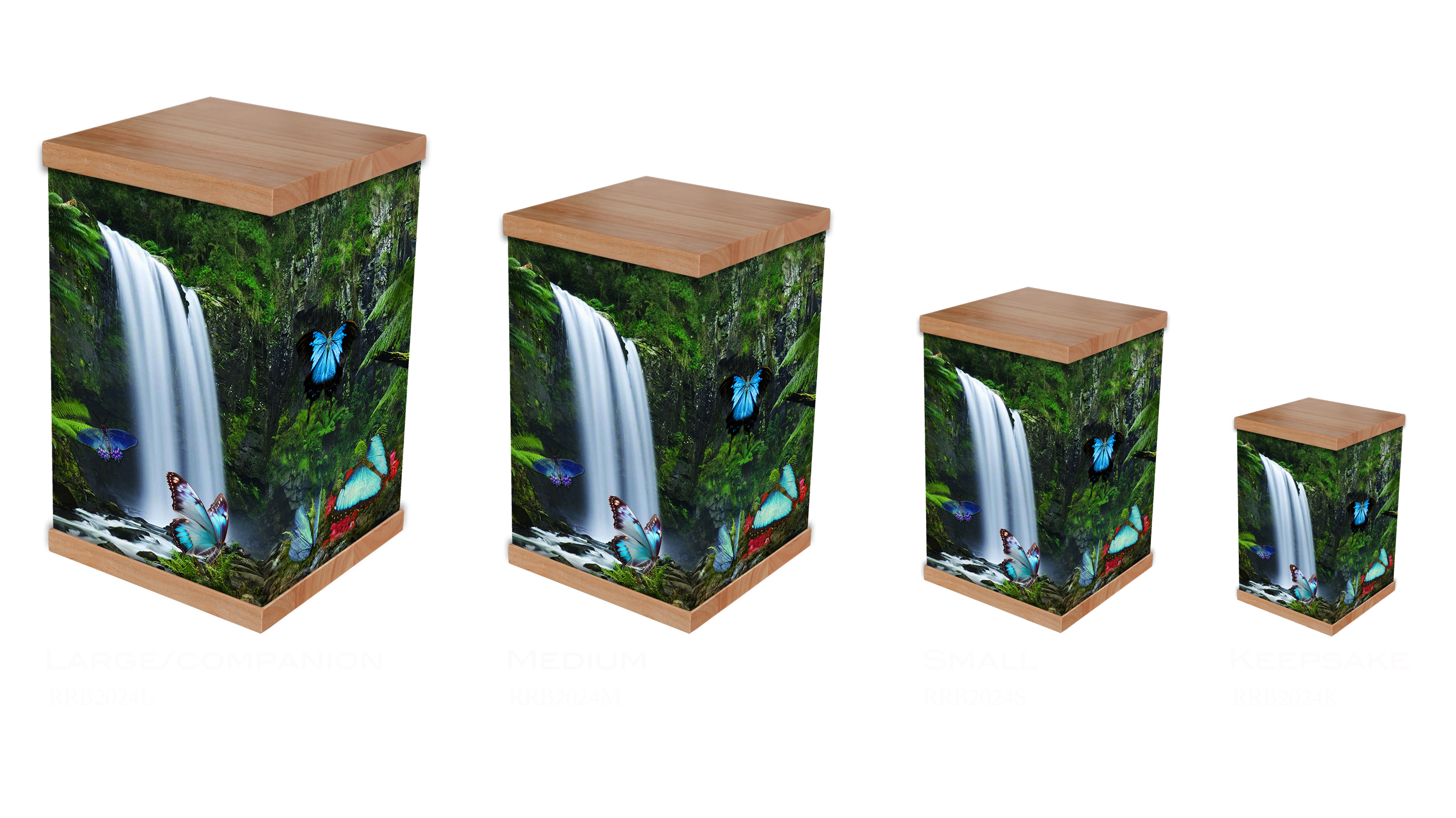 Our Rainforest and Butterflies cremation urn showcases a stunning design featuring a beautiful waterfall nestled within a lush rainforest, adorned with vibrant butterflies. This urn symbolises the beauty of nature and the spirit of transformation, of
