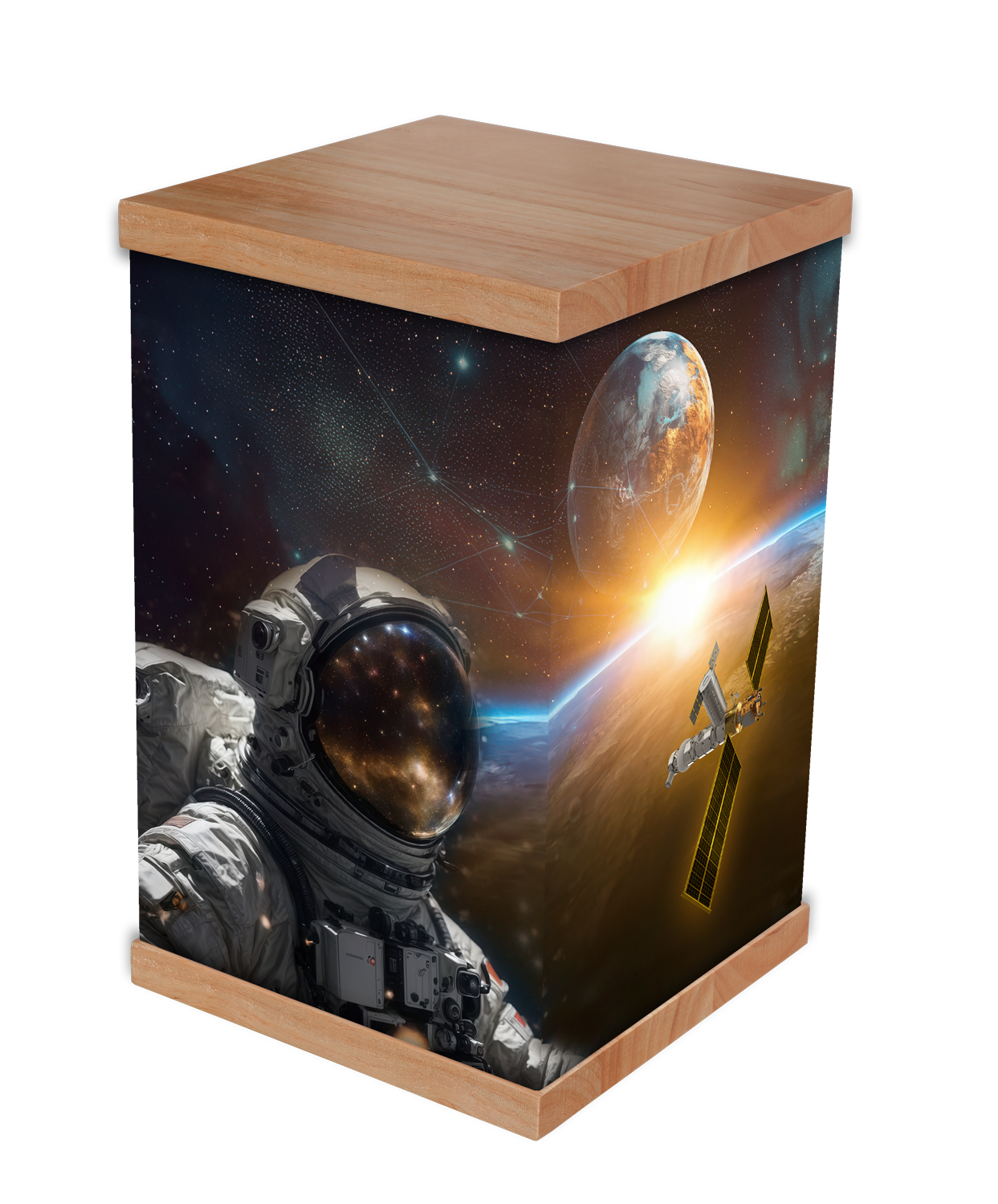 Discover our outer space-themed cremation urn, inspired by the beauty and mystery of the cosmos. This urn features a detailed, photo-wrapped design of swirling galaxies, twinkling stars, and nebulae, creating a stunning tribute to those who had a pas