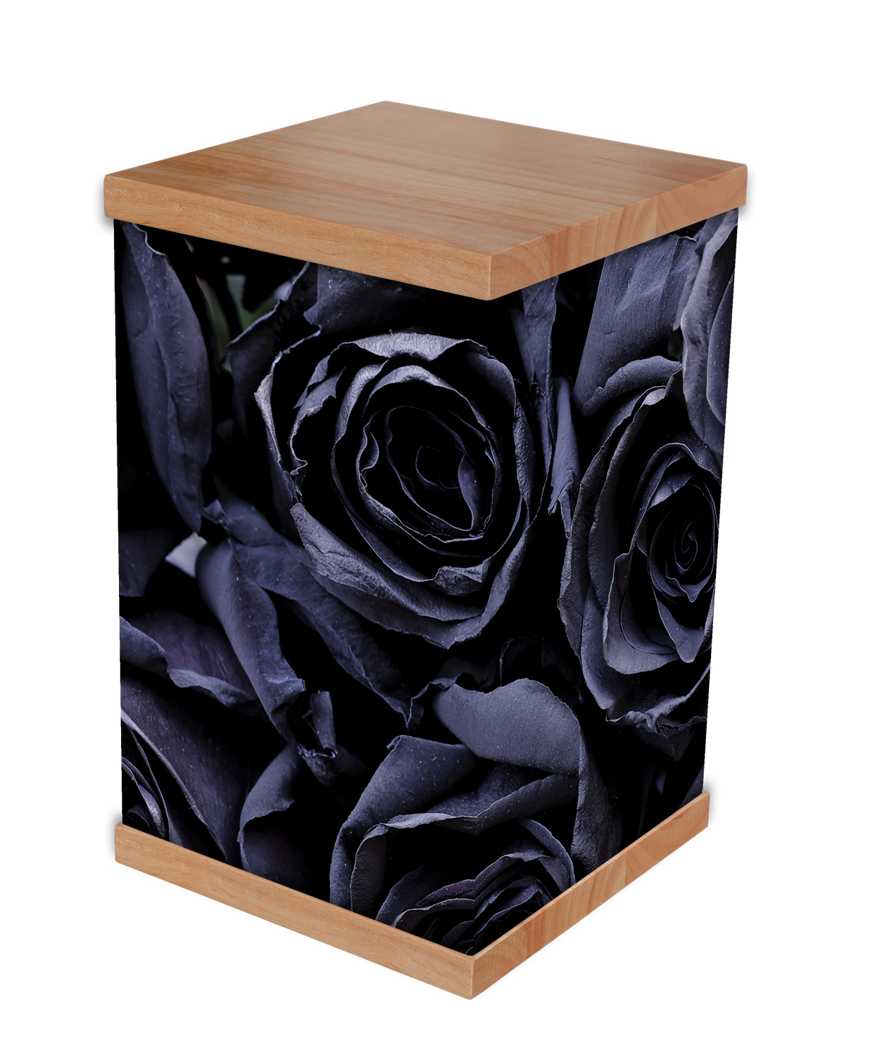 The Black Rose Cremation Urn showcases a striking photo-wrapped design of a black rose, symbolising mystery, strength, and elegance. Paired with a handcrafted timber lid and base, this urn is a unique and beautiful memorial piece. Ideal for those who