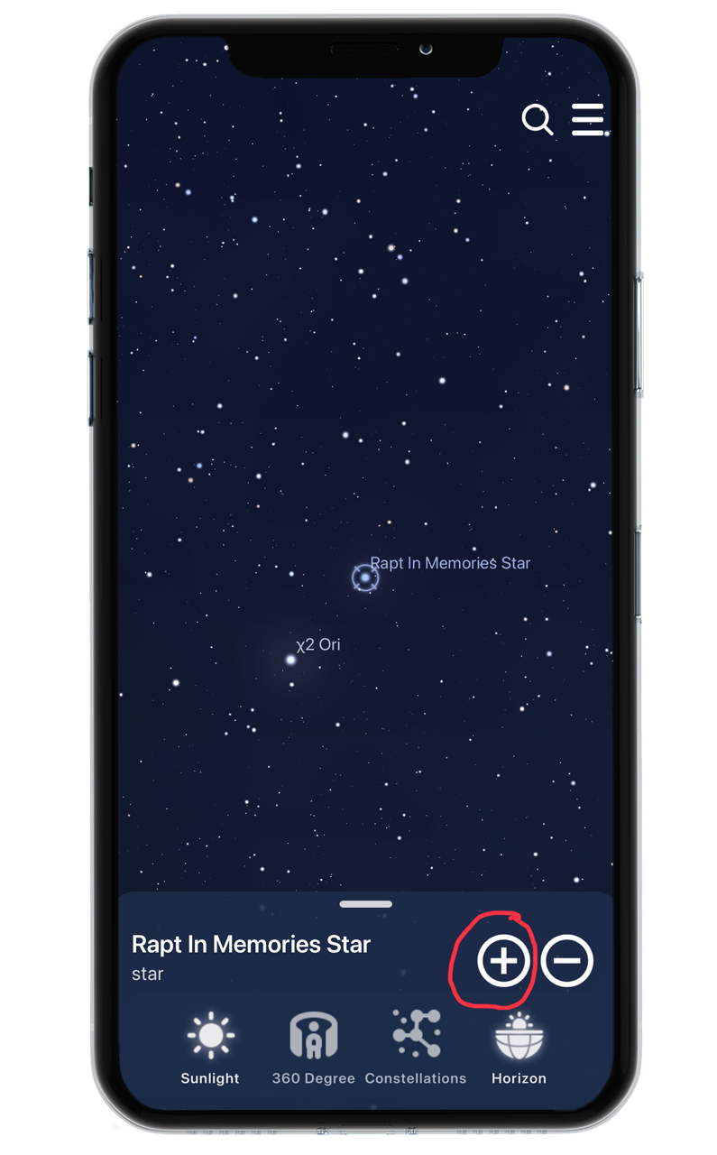 Smartphone screen displaying a star map app with the highlighted star "Rapt In Memories Star" and an option to add it to favorites. The background shows a starry night sky, and the bottom menu includes icons labeled Sunlight, 360 Degree, Constellations, and Horizon.