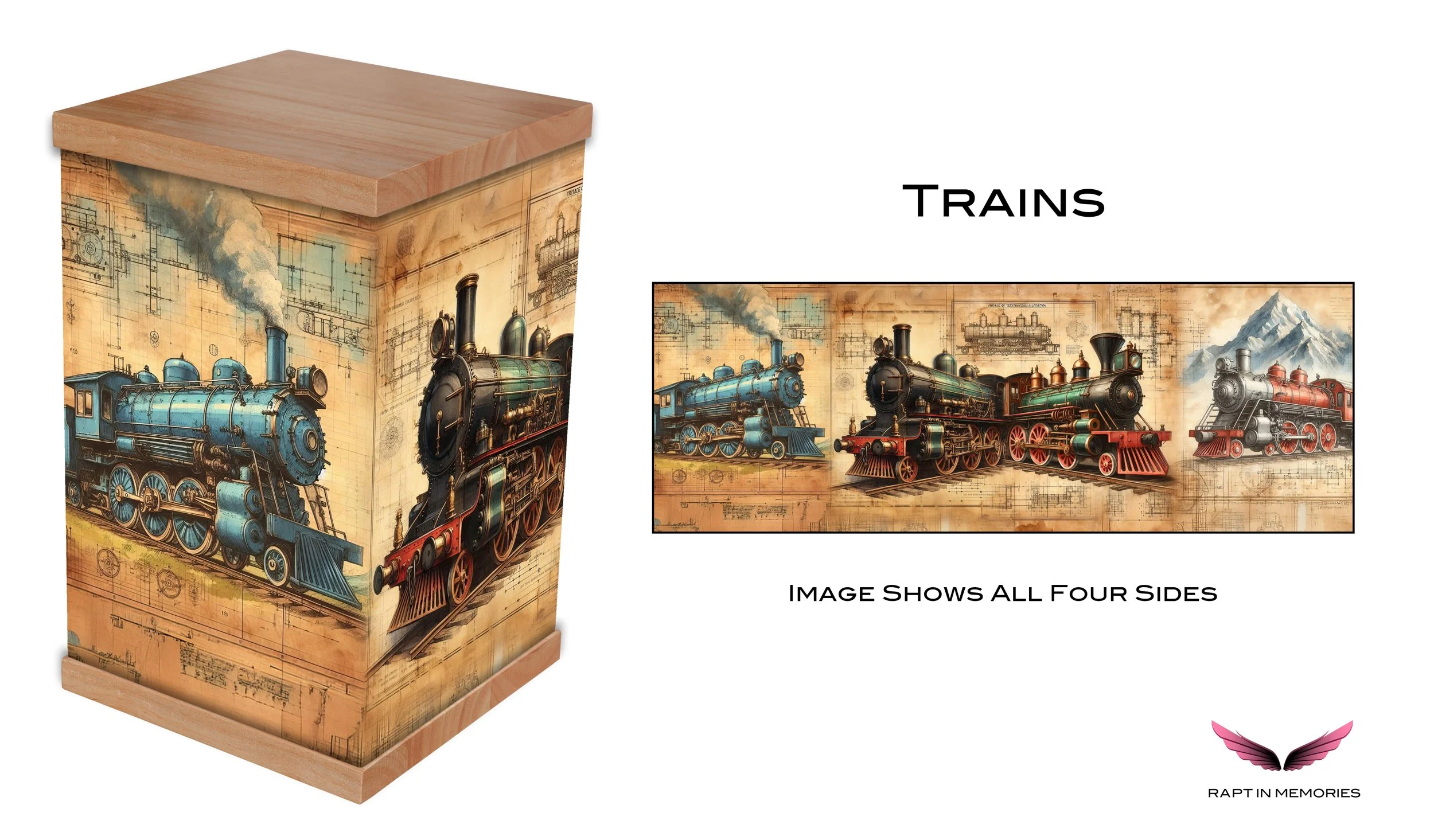 Honor a train lover’s legacy with this beautifully designed trains cremation urn. Featuring vivid vintage locomotive artwork and a warm timber lid and base, it’s a unique and meaningful tribute. Ideal for those passionate about railroads, this urn bl