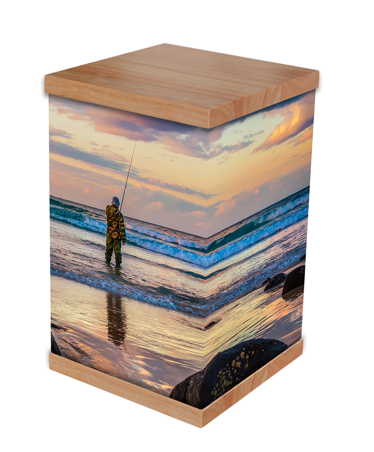 Photo-wrapped cremation urn in Hobbies and Interests design with solid timber lid and base — Rapt In Memories Australia