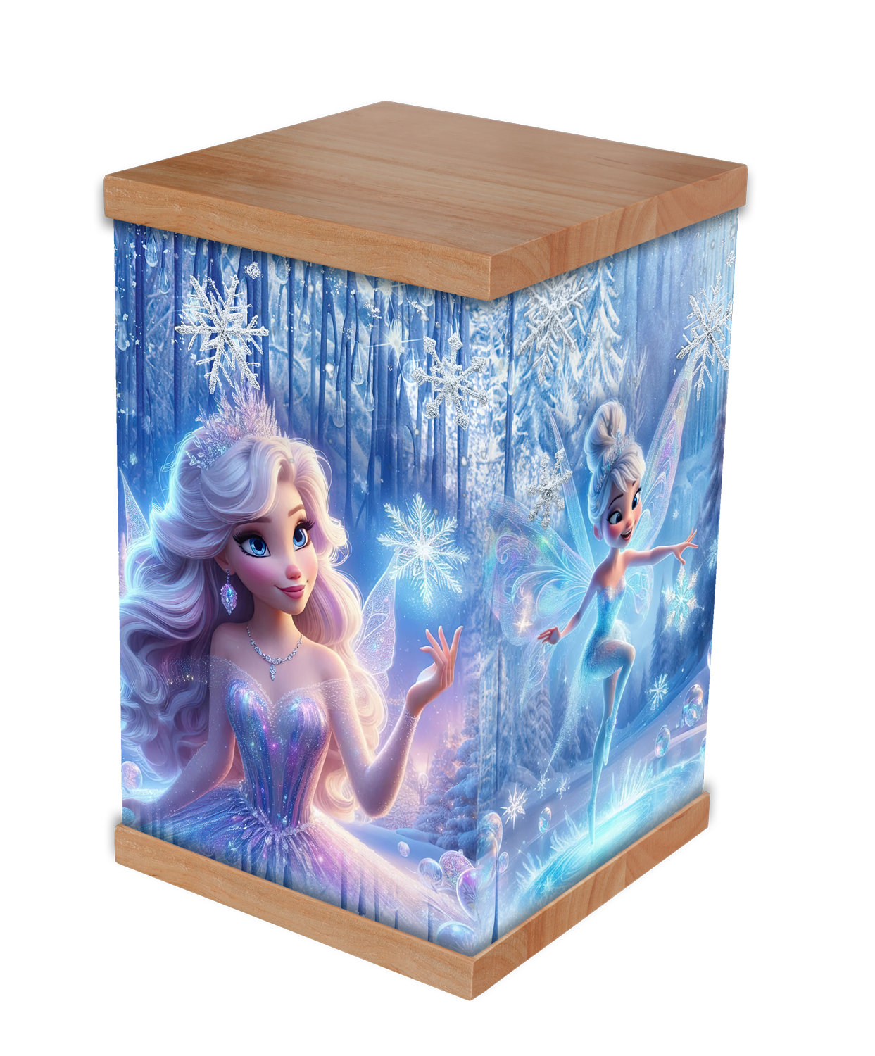 Honor a child's love for magic with our Ice Fairy Princess Photo-Wrapped Cremation Urn. Featuring a beautiful winter fairy tale design with shimmering snowflakes and an enchanted princess, this urn offers a heartfelt tribute. Crafted with a durable t
