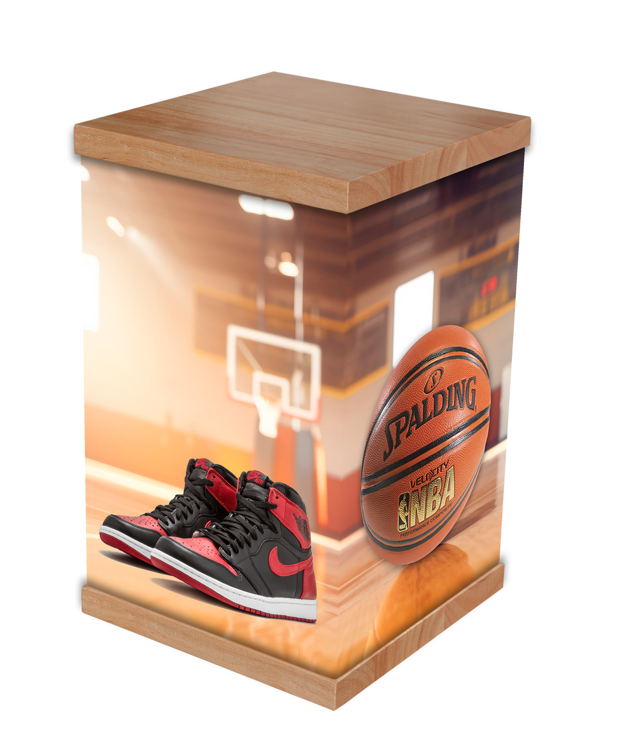 Our Basketball cremation urn is a dynamic tribute for sports enthusiasts, featuring an eye-catching design that showcases a basketball, a vibrant basketball court, and iconic Nike shoes. This urn celebrates the passion and excitement of the game, mak