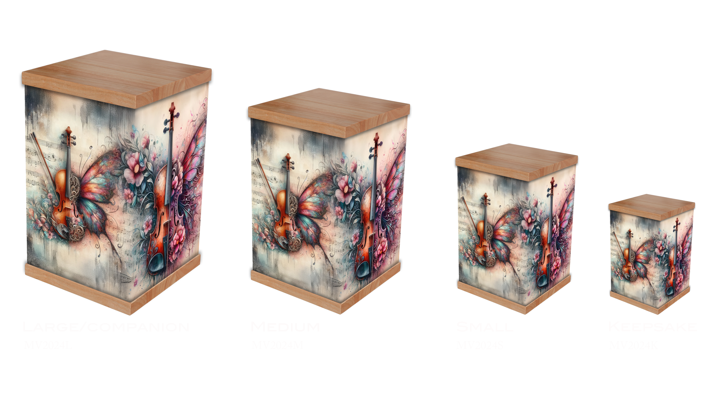 Celebrate a life filled with music with our violin photo-wrapped cremation urn. Featuring a stunning design of violins, butterfly wings, floral elements, and sheet music, this urn is perfect for music lovers. Finished with a natural timber lid and ba
