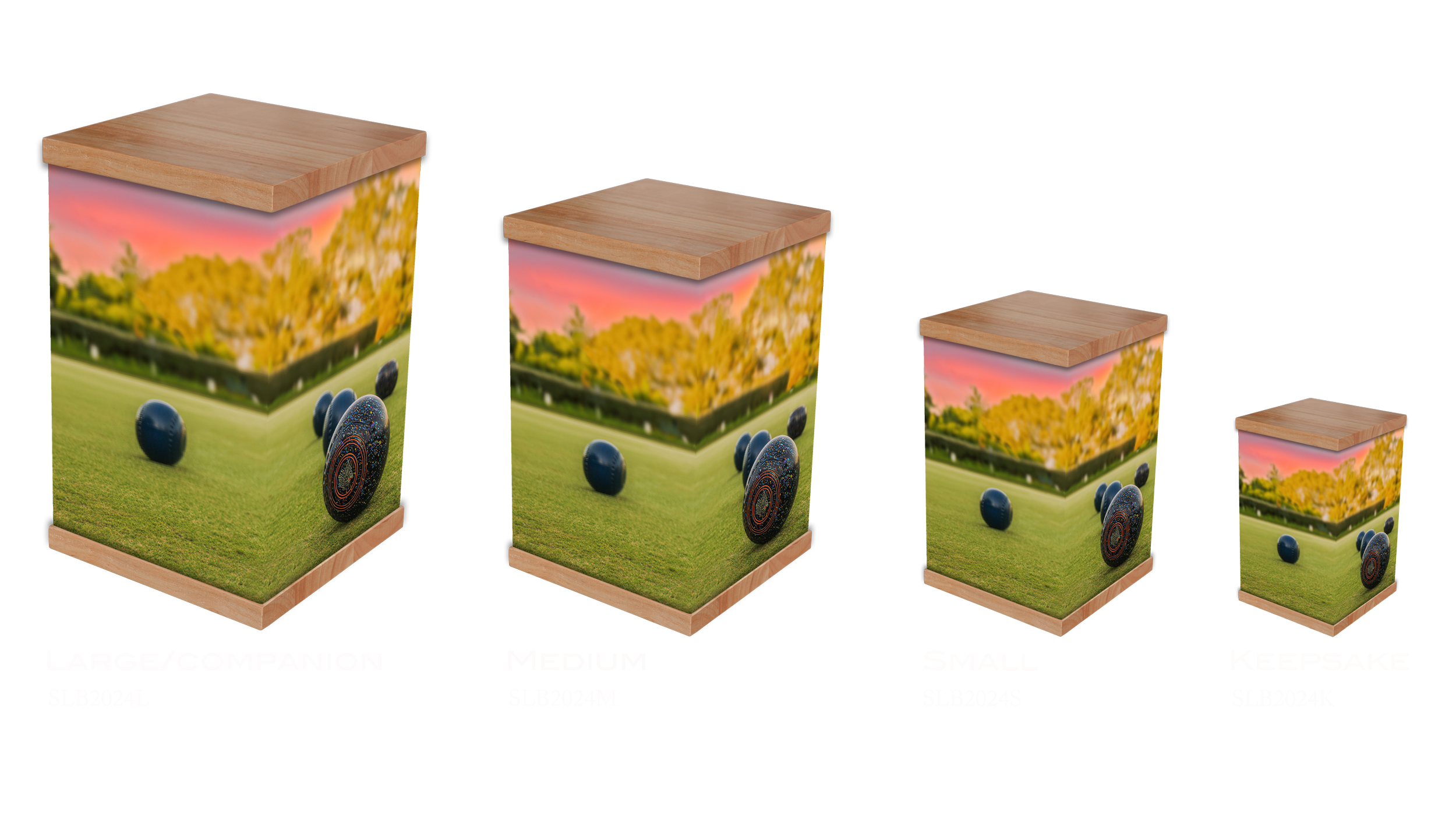 Honor a loved one's passion for lawn bowls with our photo-wrapped cremation urn featuring a tranquil sunset bowling green design. Crafted with a durable timber lid and base, this urn combines elegance and sentiment. Personalise it with names, dates, 