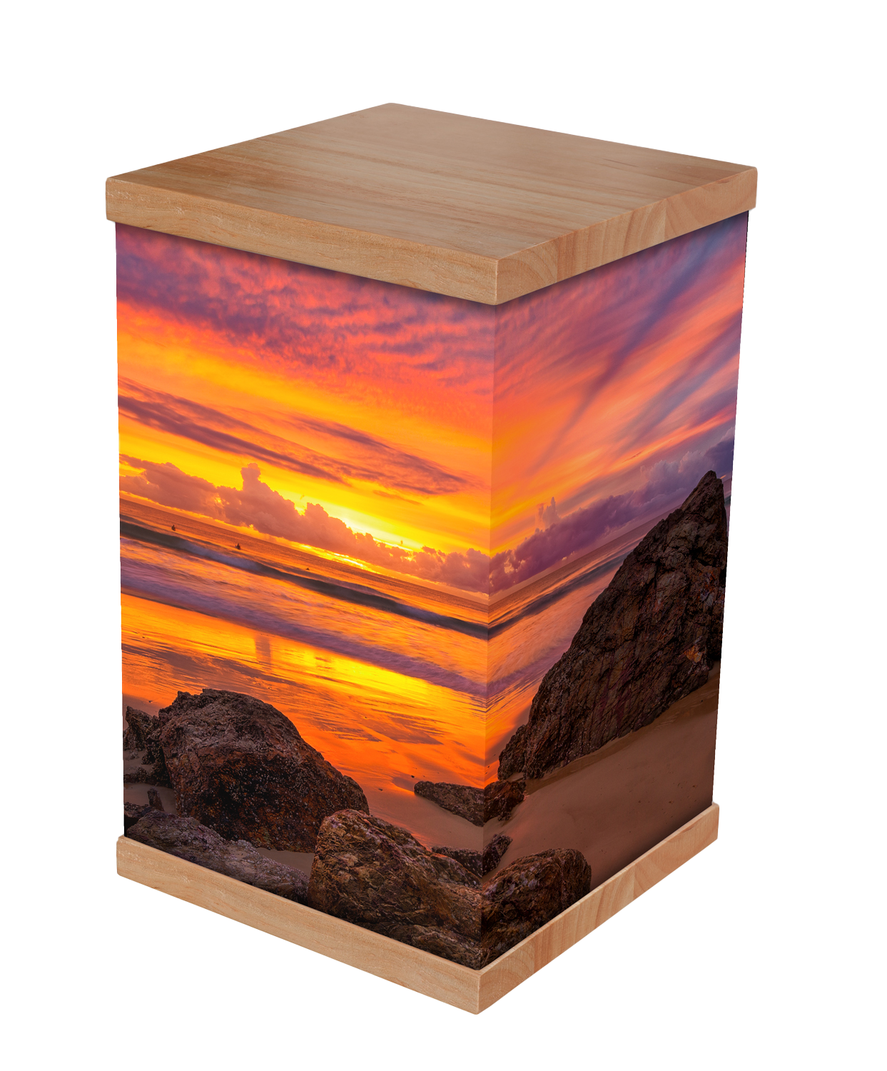Photo-wrapped cremation urn in Coastal Beaches design with solid timber lid and base — Rapt In Memories Australia