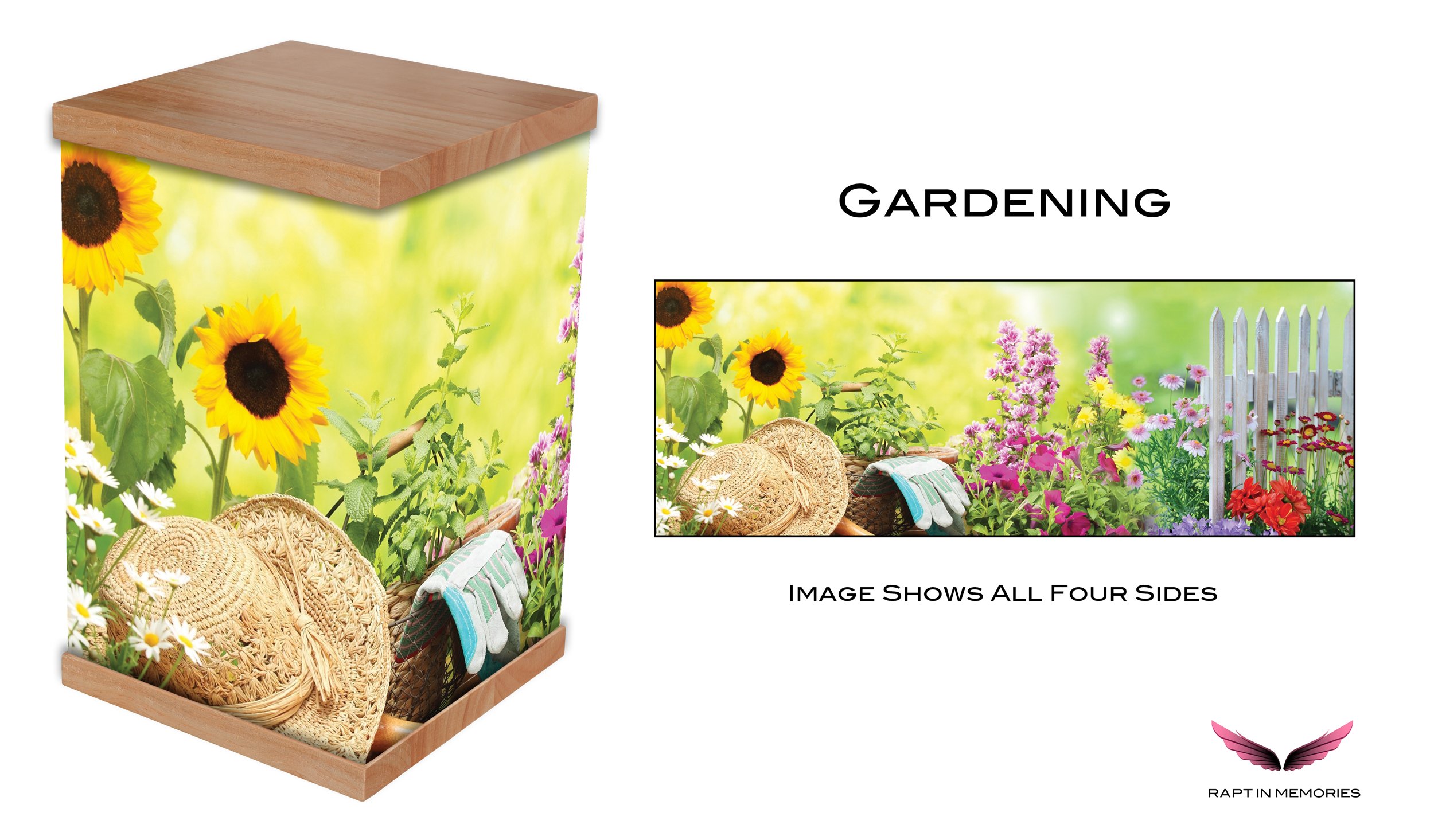 Our Gardening cremation urn is a heartfelt tribute for gardening enthusiasts, featuring charming designs of a gardening hat, gloves, and tools. This urn beautifully symbolises a love for nature and the joy of cultivating life. Perfect for honoring yo