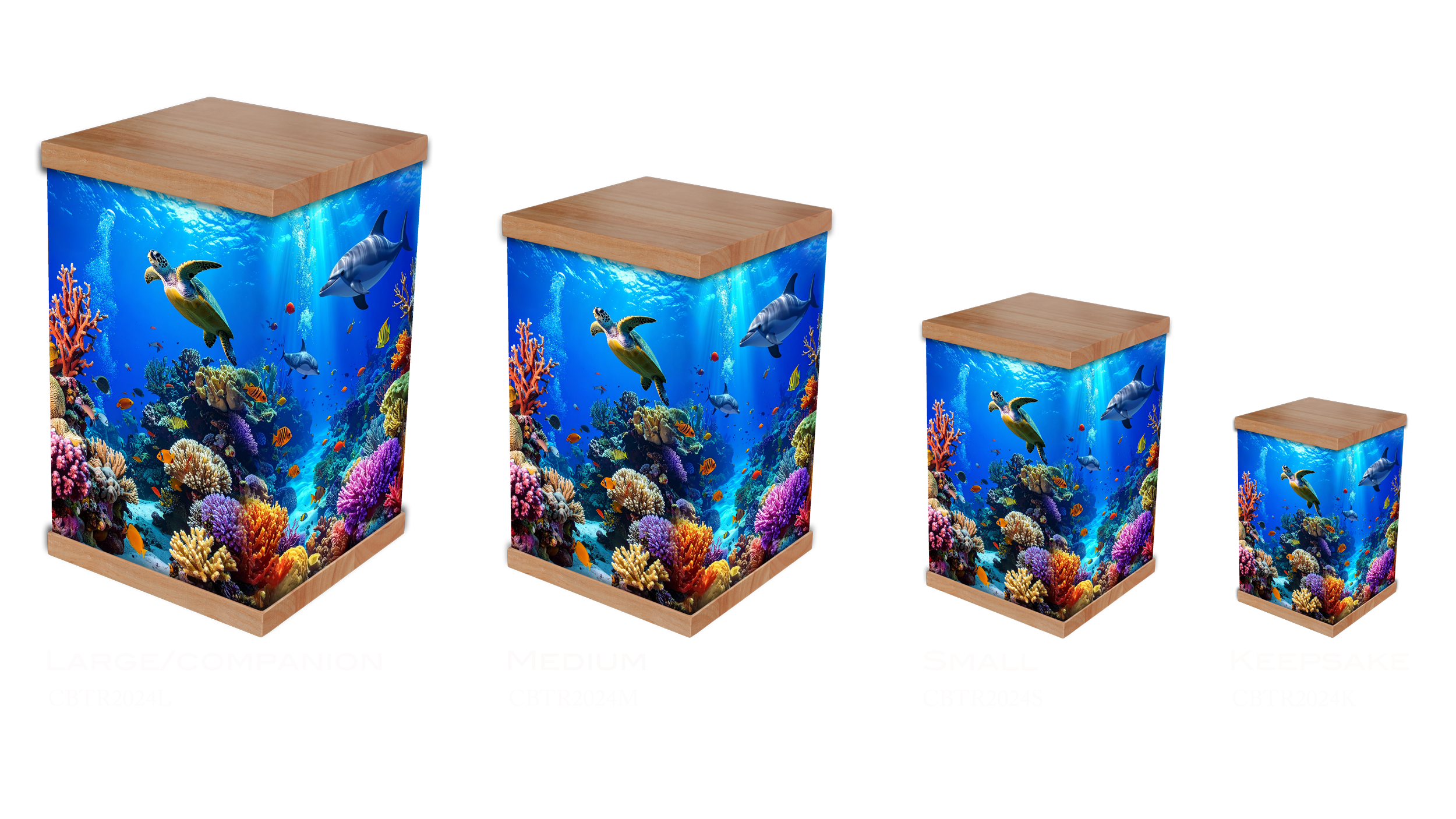 Celebrate a vibrant life with our Tropical Reef Cremation Urn, featuring a stunning coral reef design with dolphins, turtles, and colourful fish. Crafted with a timber lid and base, this urn offers a beautiful and lasting tribute, perfect for ocean l