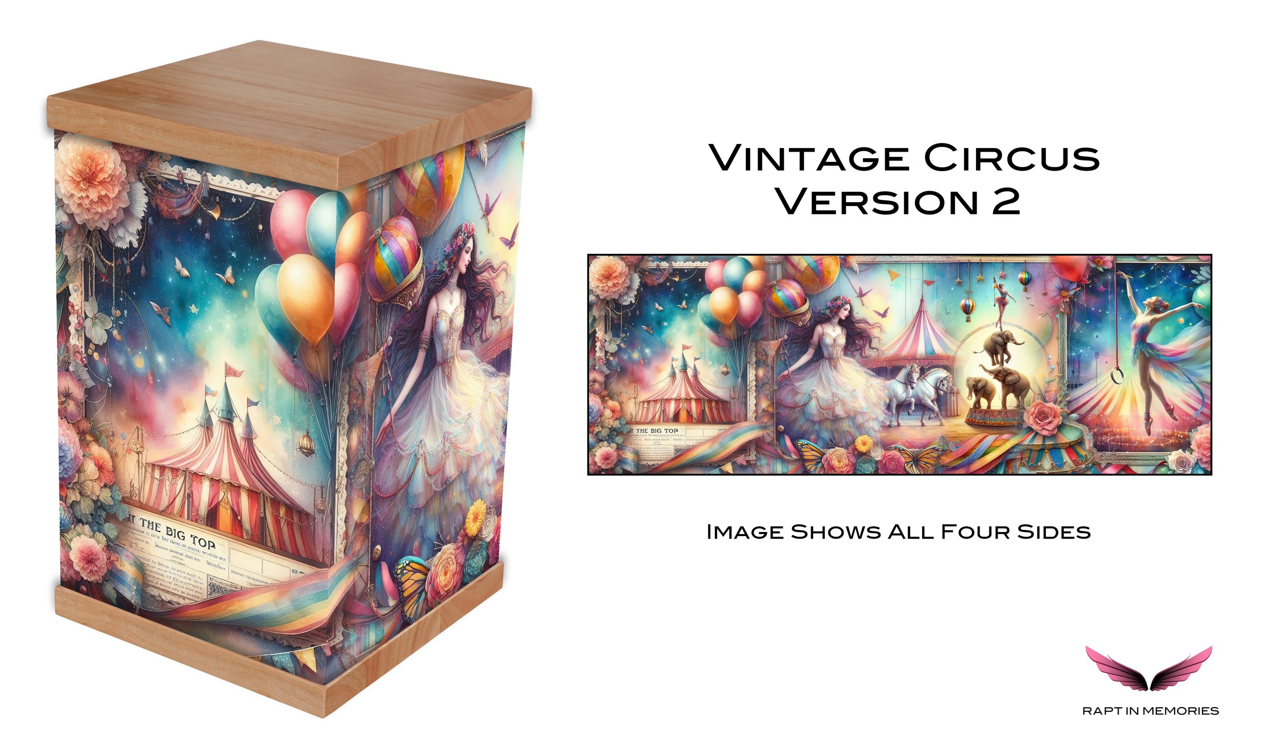 Celebrate a life filled with wonder with our Vintage Circus version 2 Photo-Wrapped Cremation Urn. Featuring hand-drawn, watercolour images of performing elephants, acrobats, dancing horses, butterflies, and flowers, this urn captures the magic of th