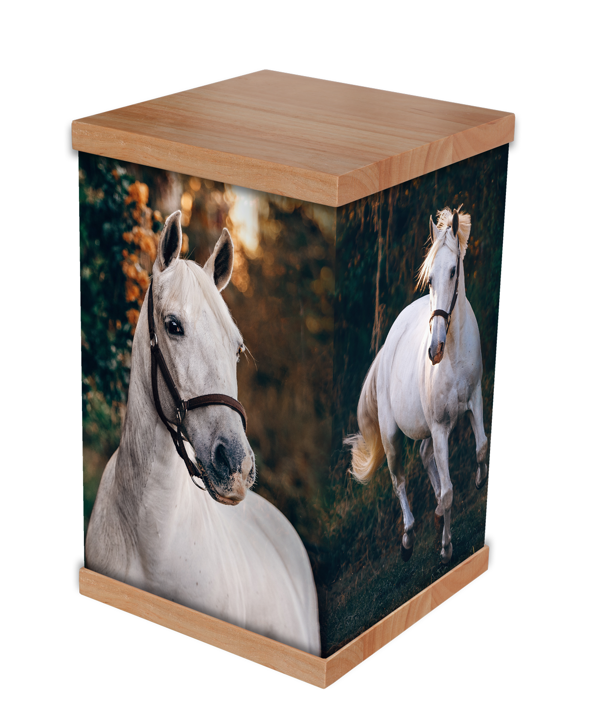 Honor your loved one with a White Horse Cremation Urn featuring a stunning photo-wrapped design of a majestic white horse at sunset. Crafted with a natural timber lid and base, this urn symbolises strength, freedom, and serenity. Perfect for those wh