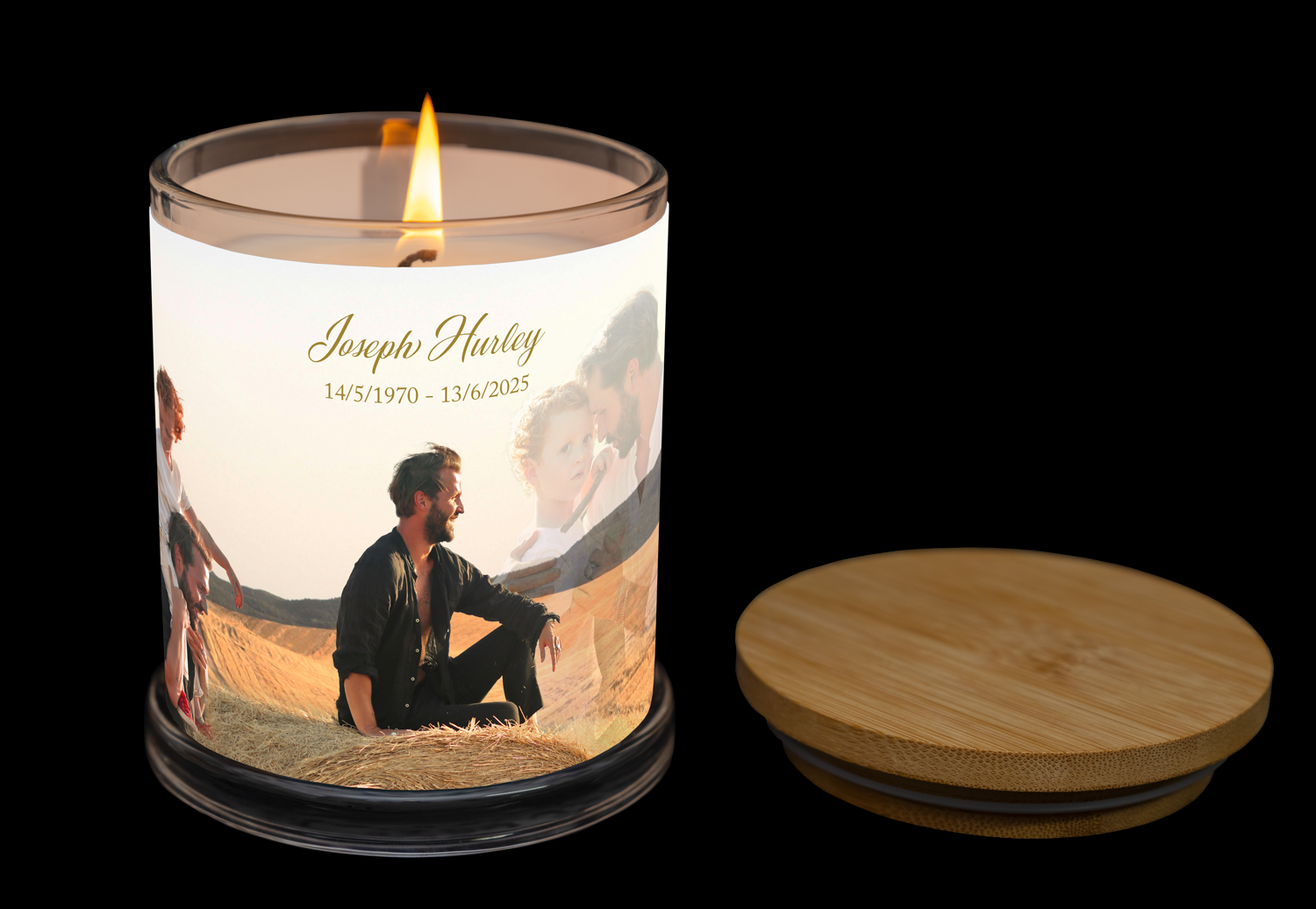 Shop bespoke Personalised Photo Wrapped Candles. A unique keepsake tribute for anniversaries with custom photos and names. Create your photo candle today.