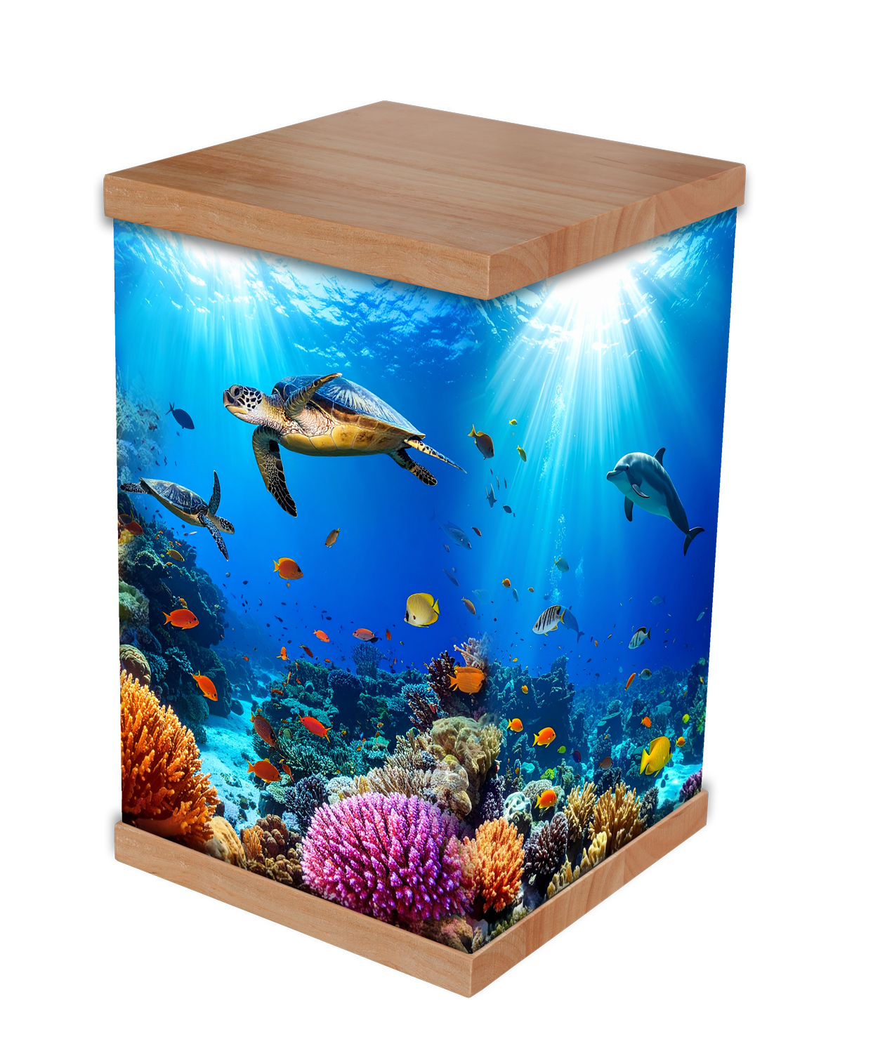 Celebrate a vibrant life with our Tropical Reef Cremation Urn, featuring a stunning coral reef design with dolphins, turtles, and colourful fish. Crafted with a timber lid and base, this urn offers a beautiful and lasting tribute, perfect for ocean l