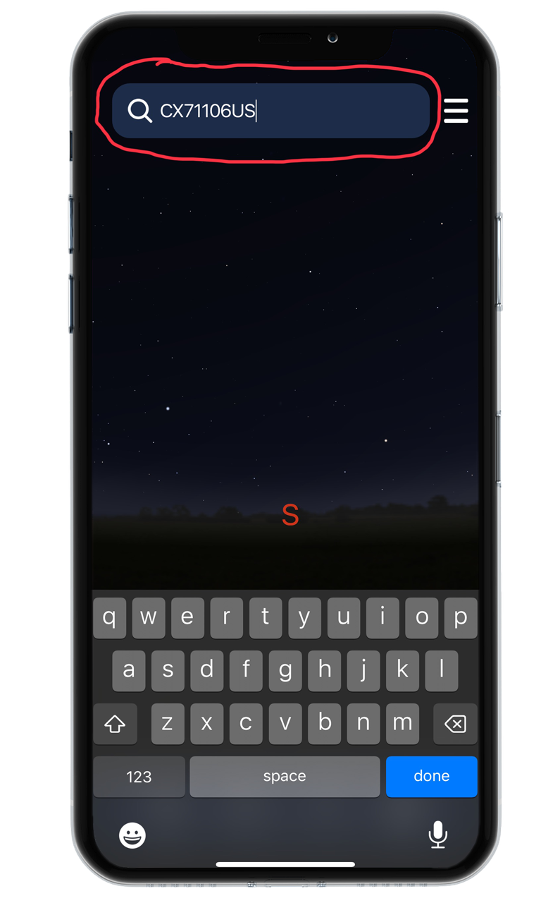 A smartphone screen shows a night sky with stars and a red letter 'S' in the middle. The search bar at the top contains the text 'CX71106US'.