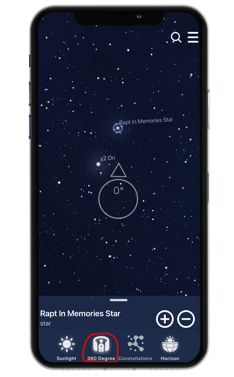 A mobile app showing a star map with labeled stars and constellations, including Rapt In Memories Star and x2 Ori, with options for adjusting sunlight, 360-degree view, constellations, and horizon at the bottom.