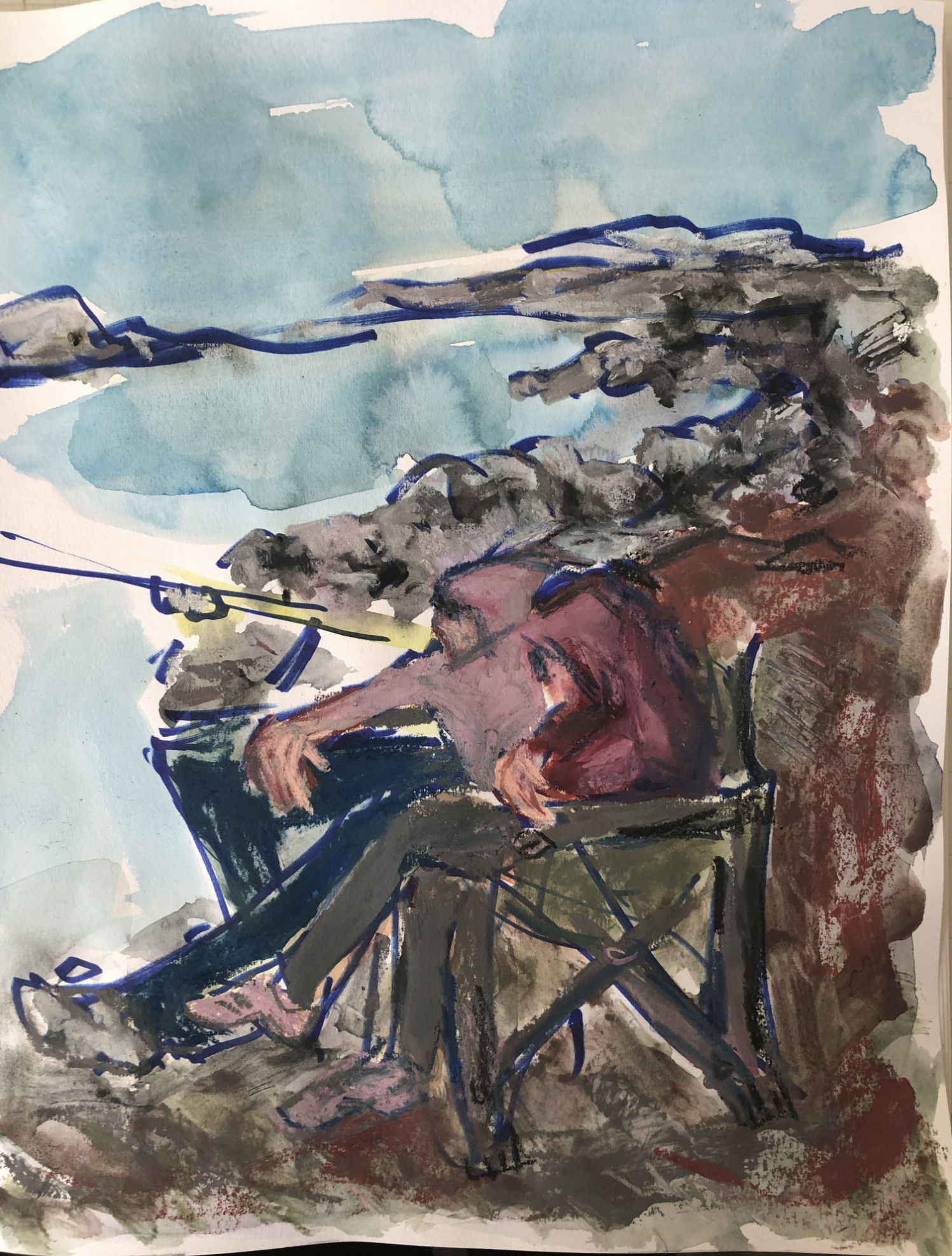 Fishing, 2025, mixed media on paper, 12 x 9in