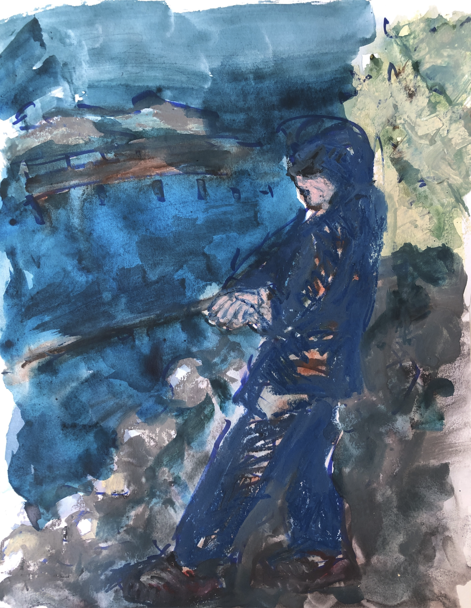 Fishing, 2025, mixed media on paper, 12 x 9in