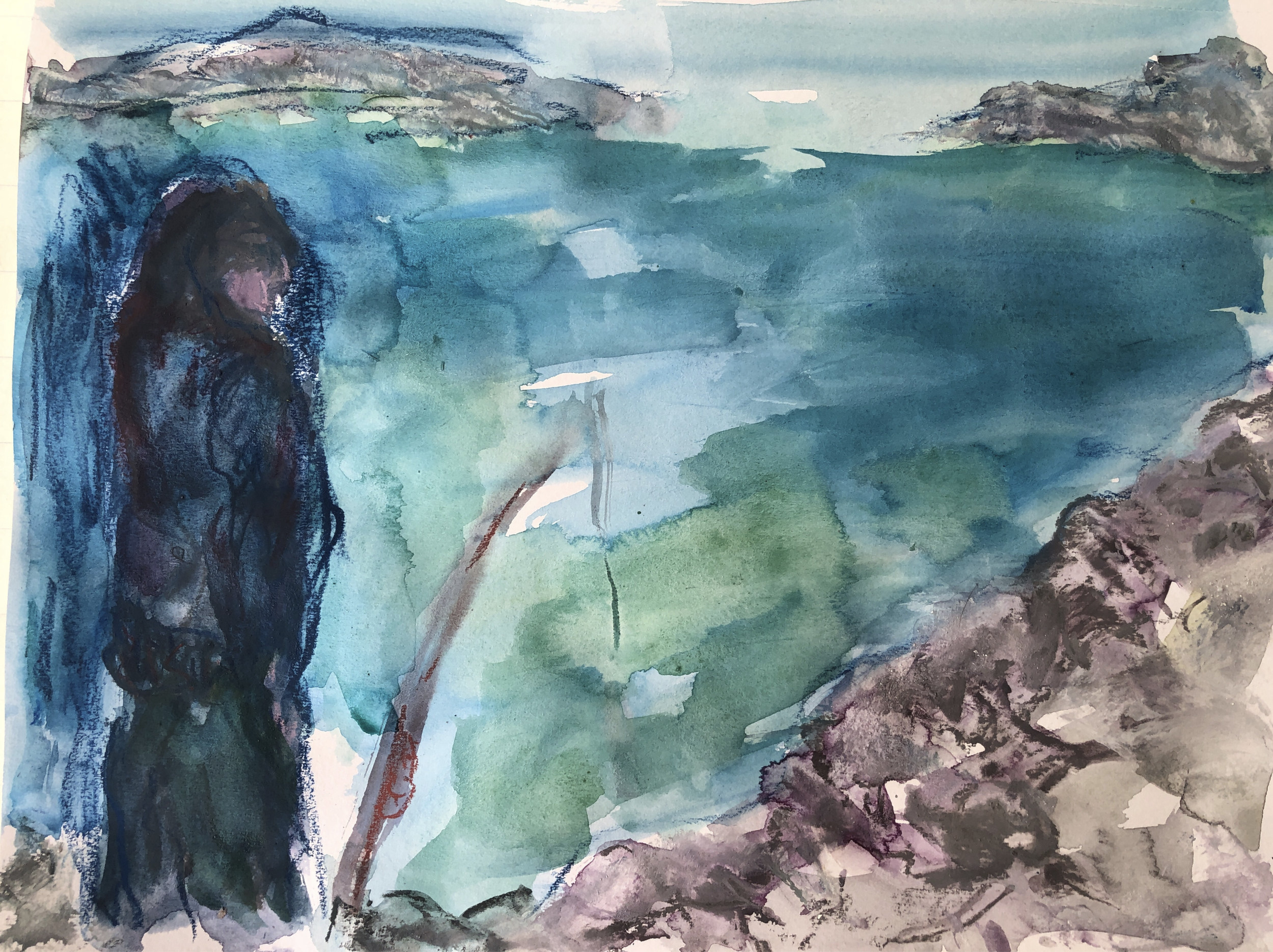 Fishing, 2025, mixed media on paper, 9 x 12in