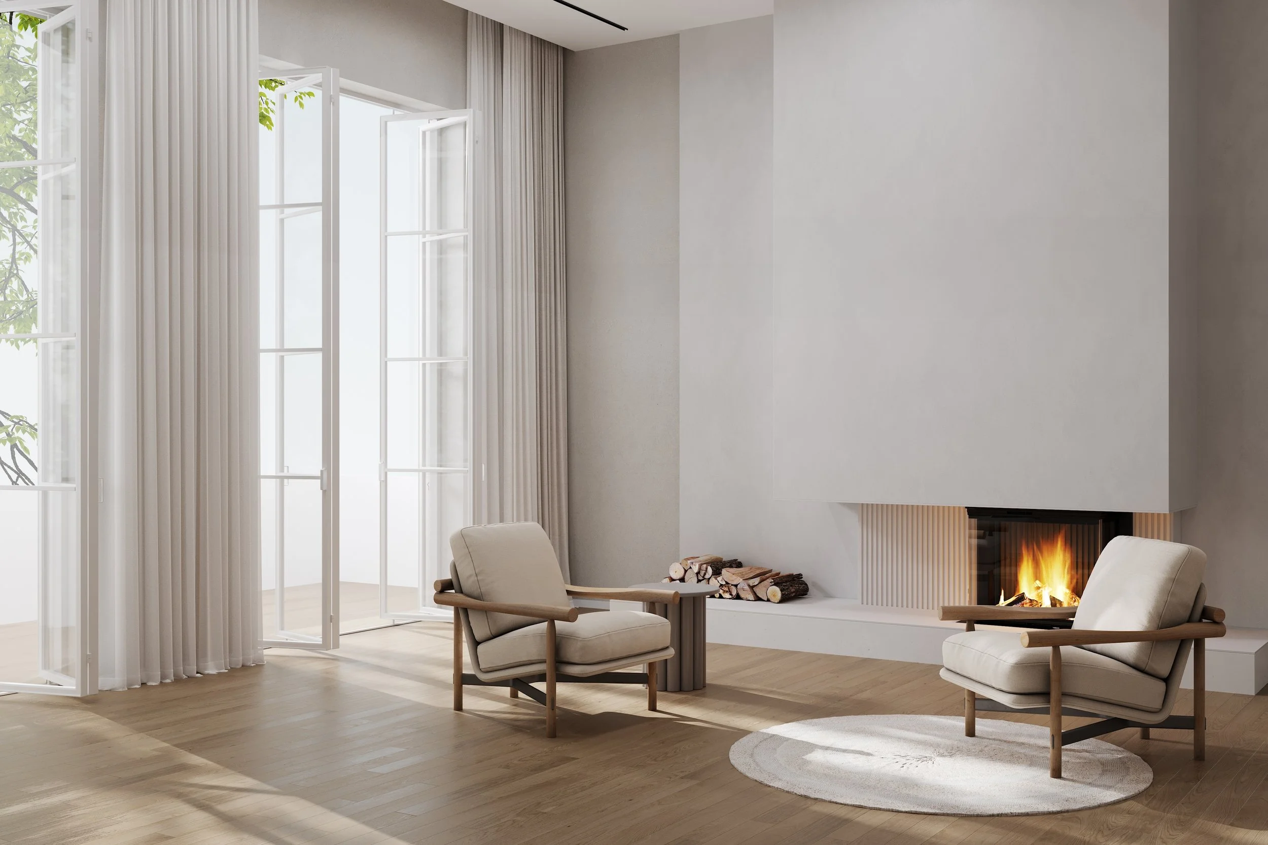 A cozy living room with two beige armchairs, a fireplace with a fire burning, a small round rug, and a pile of firewood next to the fireplace. Large windows with white curtains let in natural light.