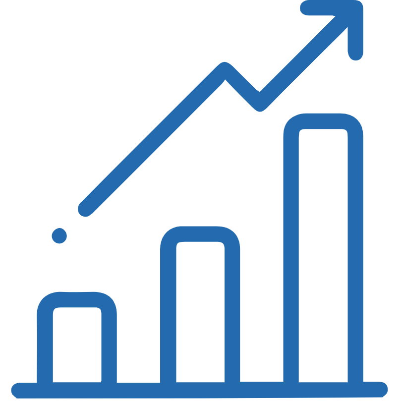 Bar chart with ascending bars and an upward trending line graph indicating growth.