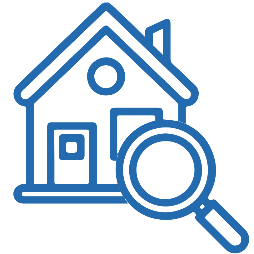 Outline icon of a house with a magnifying glass in front of it.
